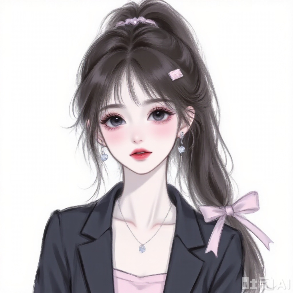 1 girl, solo, long hair, viewer, blue eyes, simple background, black hair, white background, jacket, upper body, ponytail, pink hair card, earrings, separate lips, necklace, black jacket, navel top, ring, black nails, watch, watch
