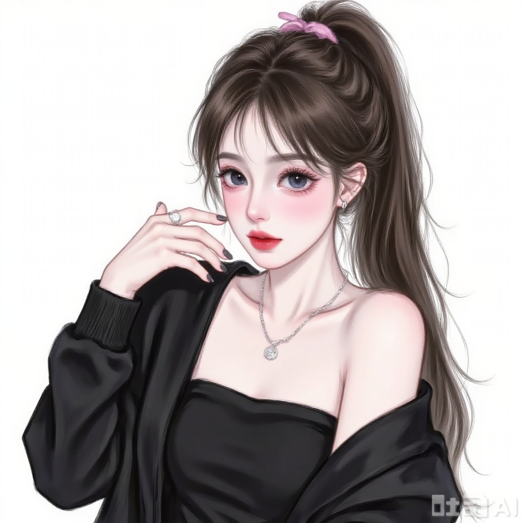 1 girl, solo, long hair, viewer, blue eyes, simple background, black hair, white background, jacket, upper body, ponytail, pink hair card, earrings, separate lips, necklace, black jacket, navel top, ring, black nails, watch, watch