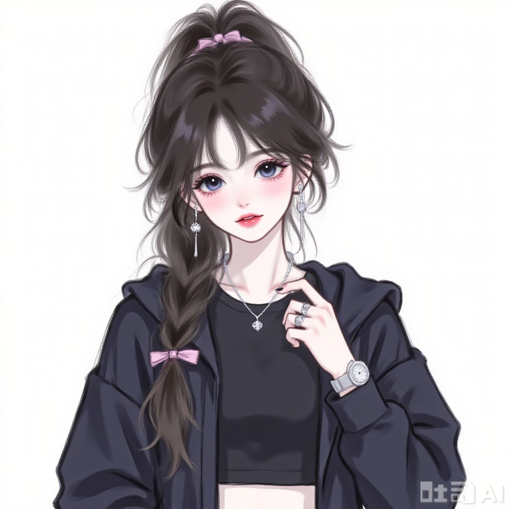 1girl, solo, long hair, looking at viewer, blue eyes, simple background, black hair, white background, jewelry, jacket, upper body, ponytail, earrings, parted lips, necklace, black jacket, crop top, ring, black nails, watch, wristwatch