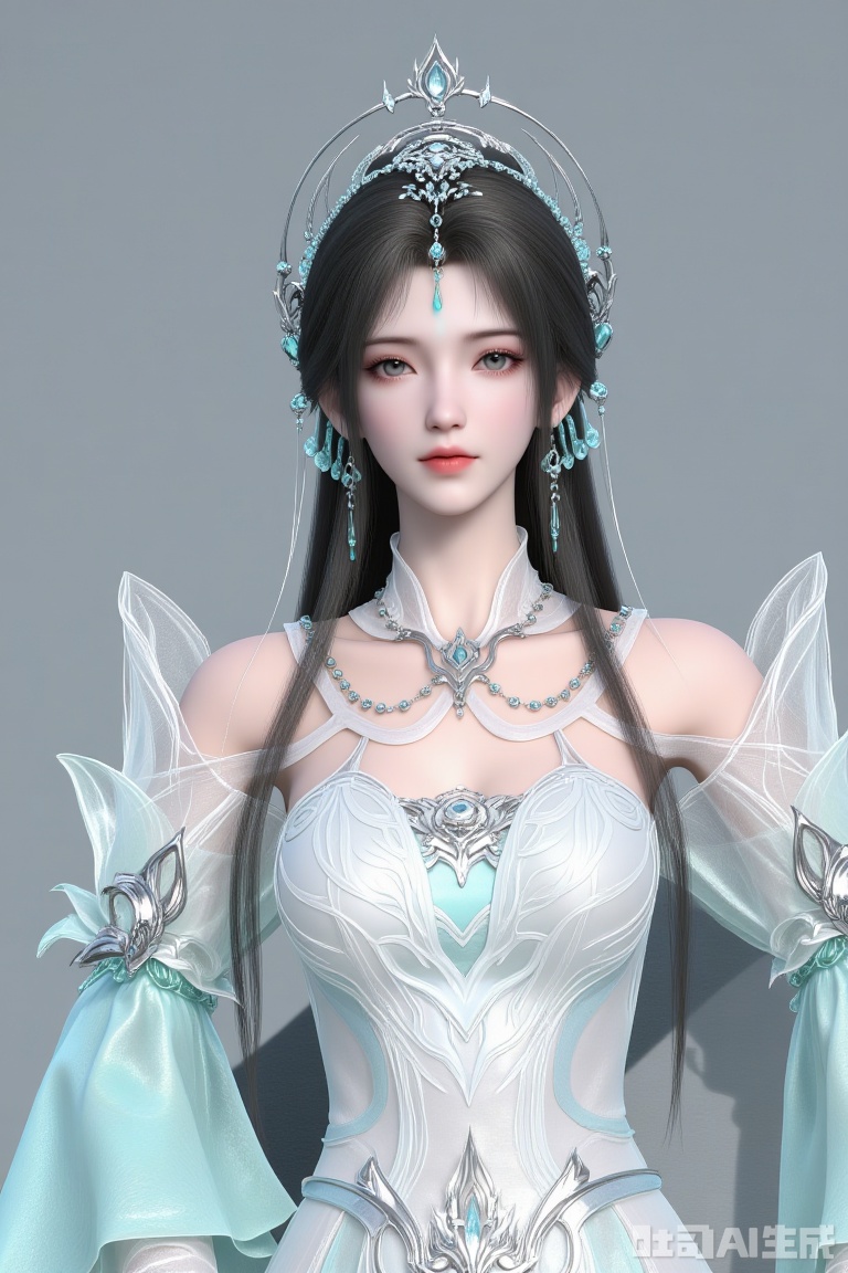 1 girl
Single person
Long hair
Looking directly at the camera
Black hair
Hair accessories
Azure eyes
Exquisite eyes
Dress
Jewelry
Mouth closed
Upper body
Earrings
Necklace
Shiny
Full of natural light
Light and shadow
Pure gray background
White dress
Facial mark
Wide sleeves
Detached sleeves
Forehead mark
Green clothes,qingyi