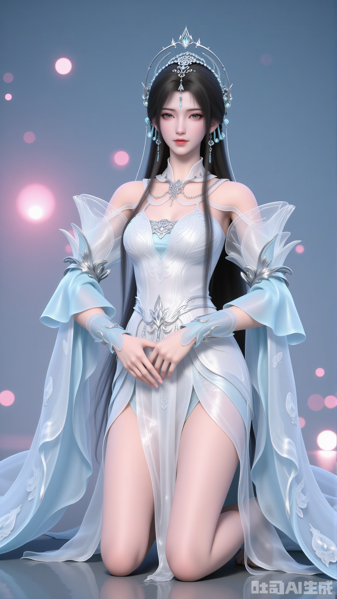 
1girl

solo

long hair

looking at viewer

black hair

hair ornament

dress

bare shoulders

jewelry

full body

earrings

white dress

high heels

bare legs

kneeling

light

qingyi