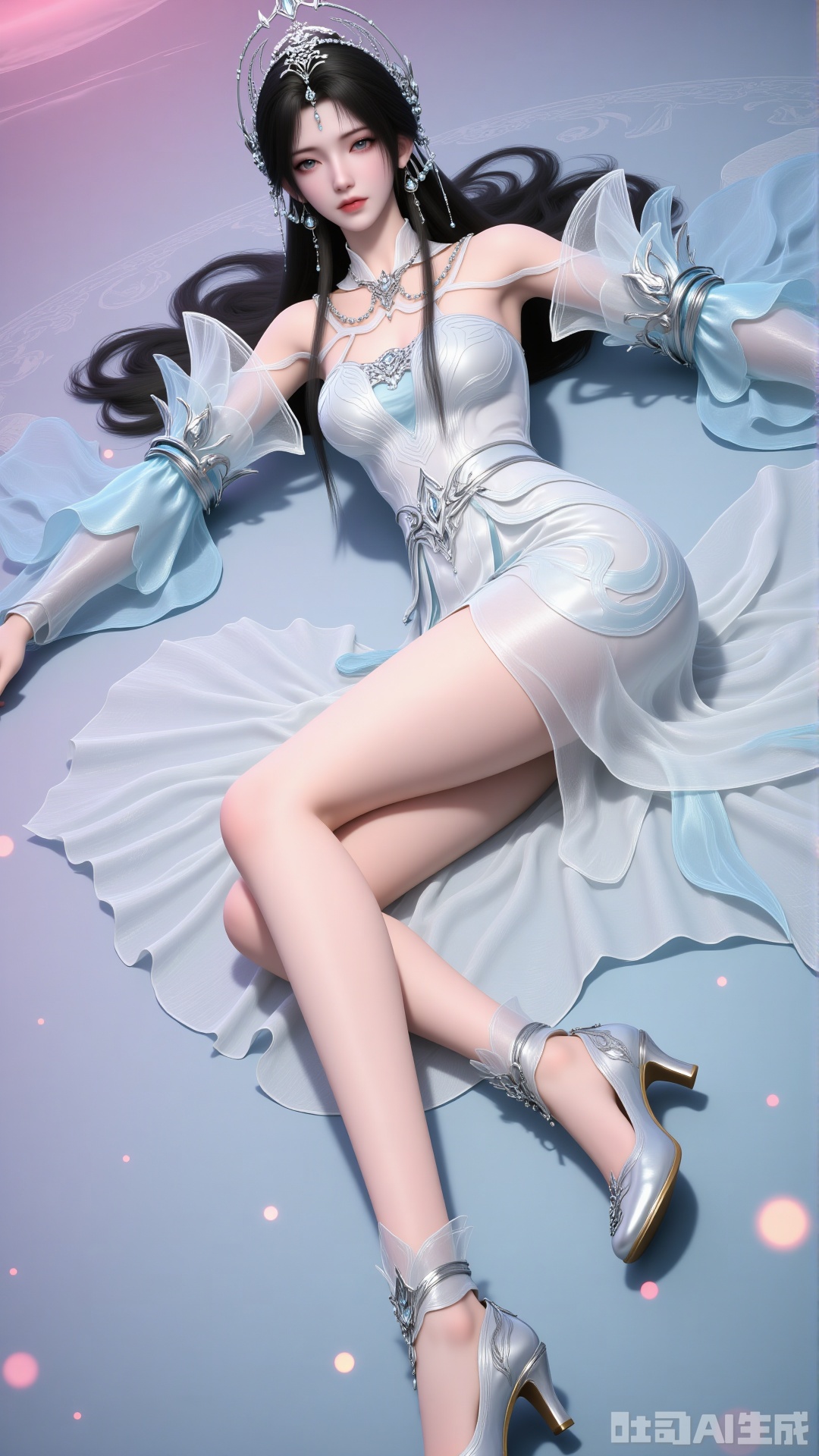 1girl solo long hair looking at viewer black hair hair ornament dress bare shoulders lying detached sleeves white dress hi...