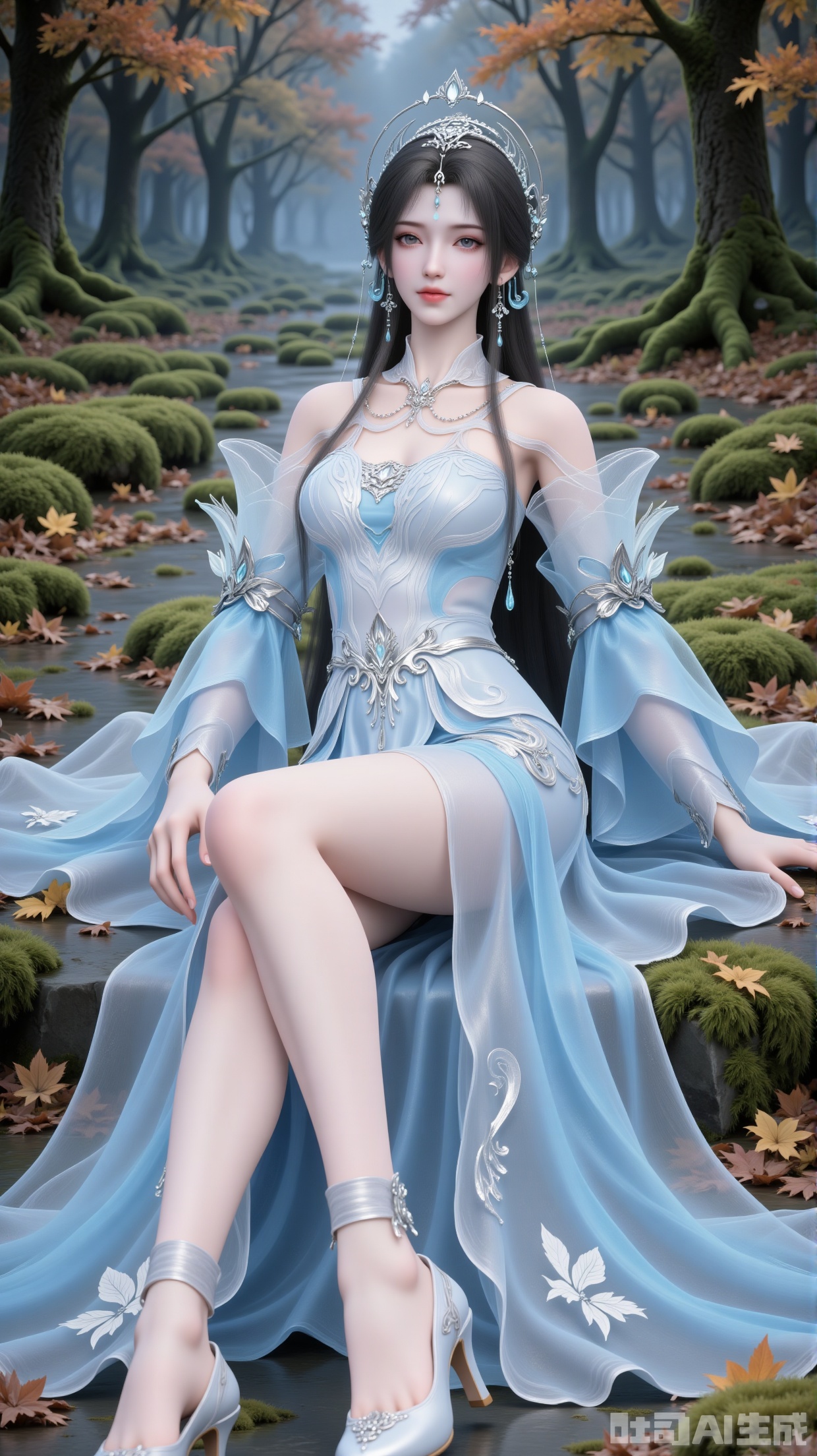 
1girl

solo

long hair

looking at viewer

black hair

hair ornament

dress

bare shoulders

jewelry

sitting

full body

earrings

detached sleeves

high heels

tree

legs

bare legs

blue dress

leaf

tiara

forehead mark

qingyi