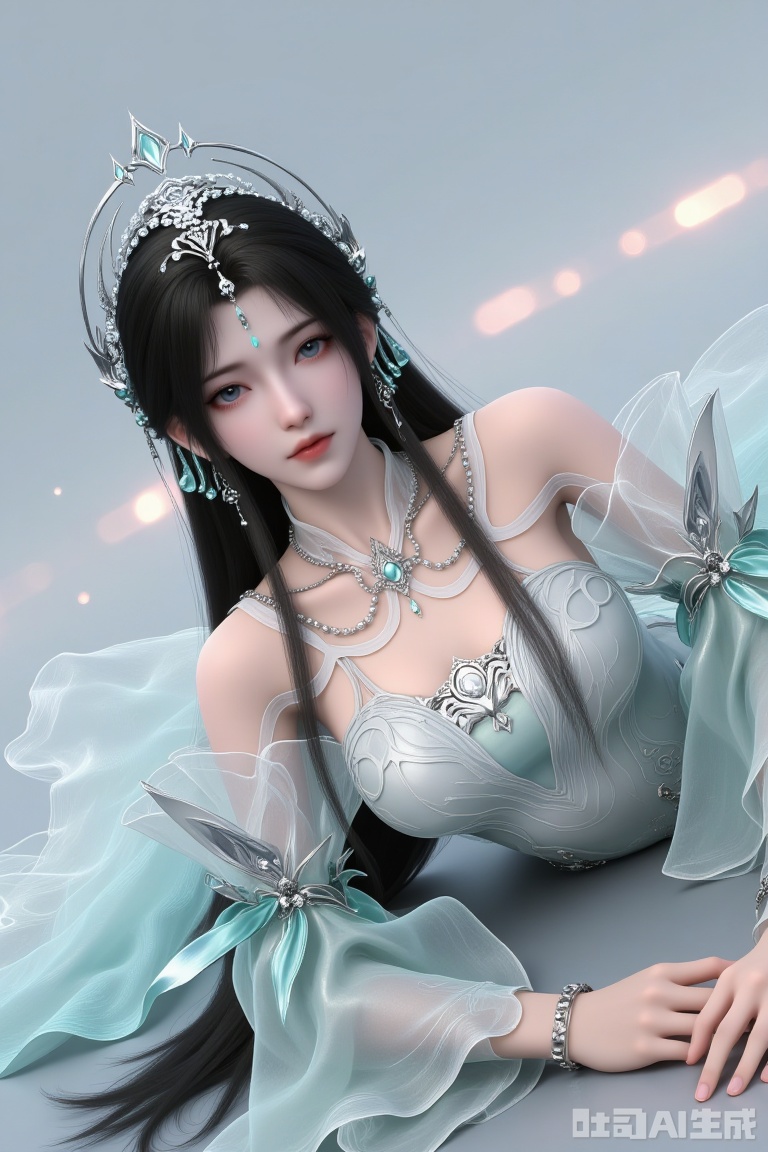 1 girl
Single person
Long hair
Looking directly at the camera
Black hair
Hair accessories
Azure eyes
Exquisite eyes
Dress
Jewelry
Mouth closed
Lying on the ground
Earrings
Necklace
Shiny
Full of natural light
Light and shadow
Pure gray background
White dress
Facial mark
Wide sleeves
Detached sleeves
Forehead mark
Green clothes