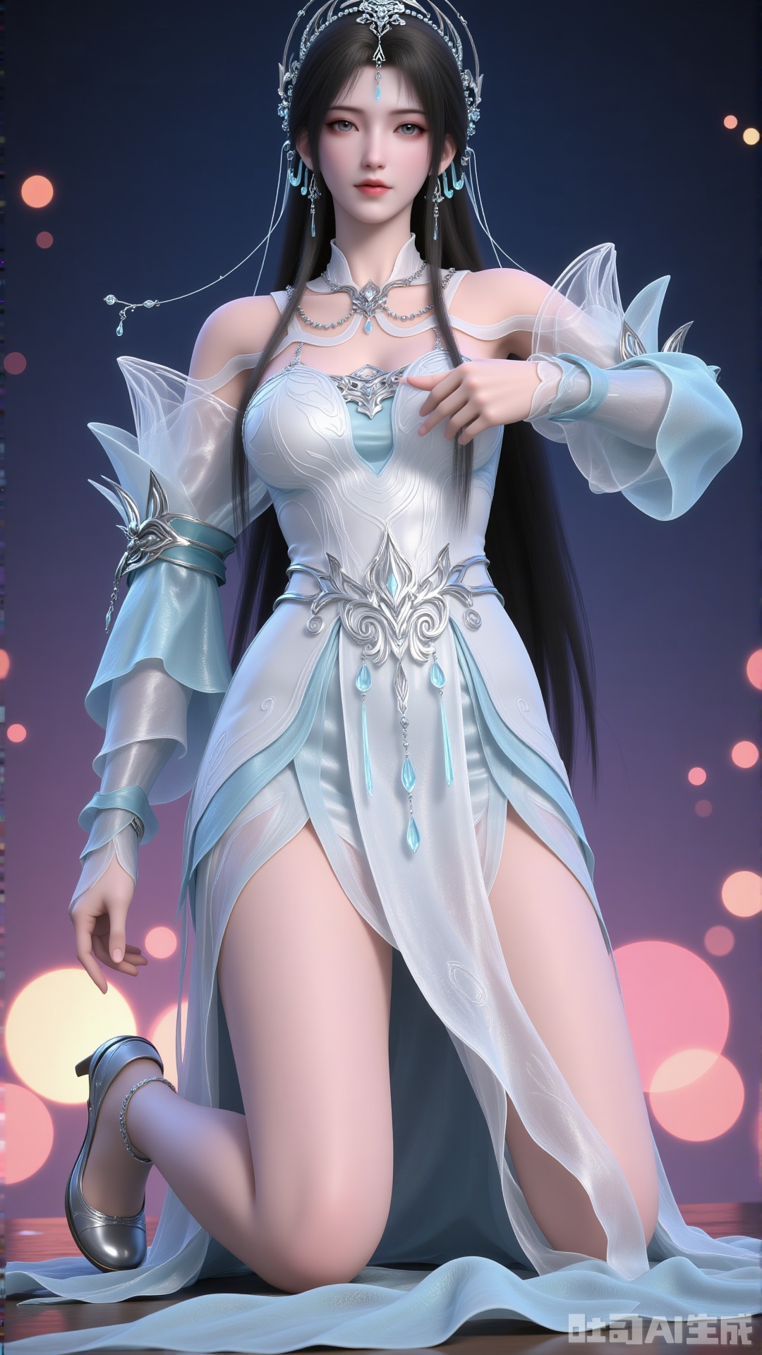 
1girl

solo

long hair

looking at viewer

black hair

hair ornament

dress

bare shoulders

jewelry

full body

earrings

white dress

high heels

bare legs

kneeling

light

qingyi