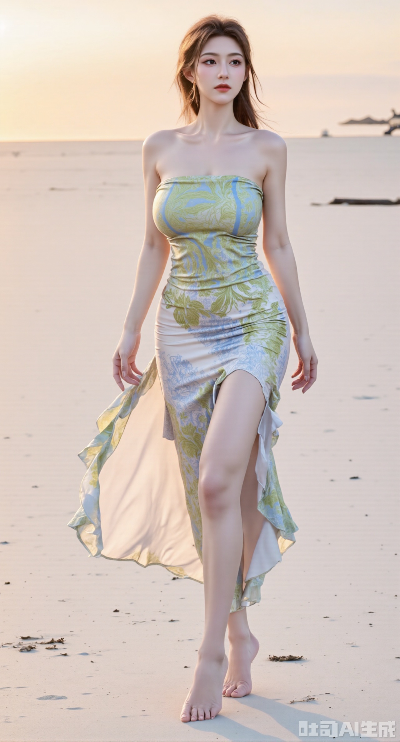(masterpiece,best quality:1.23) ,a full body shot of a slender girl with perfect proportions, wearing a flowing A-line strapless dress with a front split, tropical hibiscus and palm leaf print, walking on a white sand beach, gentle breeze lifting her hair and dress, golden hour lighting, sharp focus,,(huge breasts:2.99),(full breasts:2.99),XyunxiaoYK,Xsonghanfu,XlingyuyxiuX,XlingyuyxiuX2,Xqinghannu,Xtangqixiongshanqun,XmeijiX2,XmeijiX,Xmoxiongqun