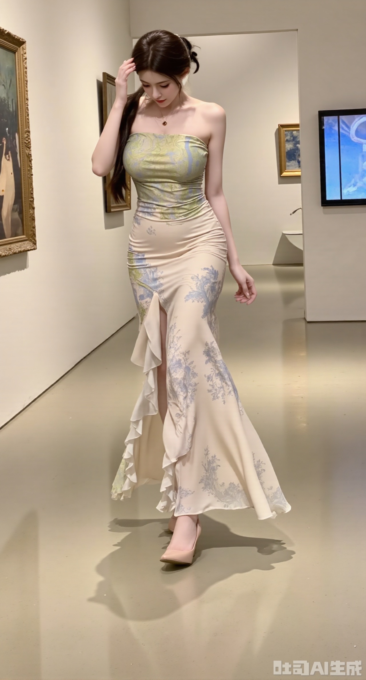 (masterpiece,best quality:1.23) ,A girl with an excellent figure, wearing a white strapless slit - printed dress, walking in an art gallery, with paintings on the side,,(huge breasts:2.99),(full breasts:2.99),XyunxiaoYK,Xsonghanfu,XlingyuyxiuX,XlingyuyxiuX2,Xqinghannu,Xtangqixiongshanqun,XmeijiX2,XmeijiX,Xmoxiongqun