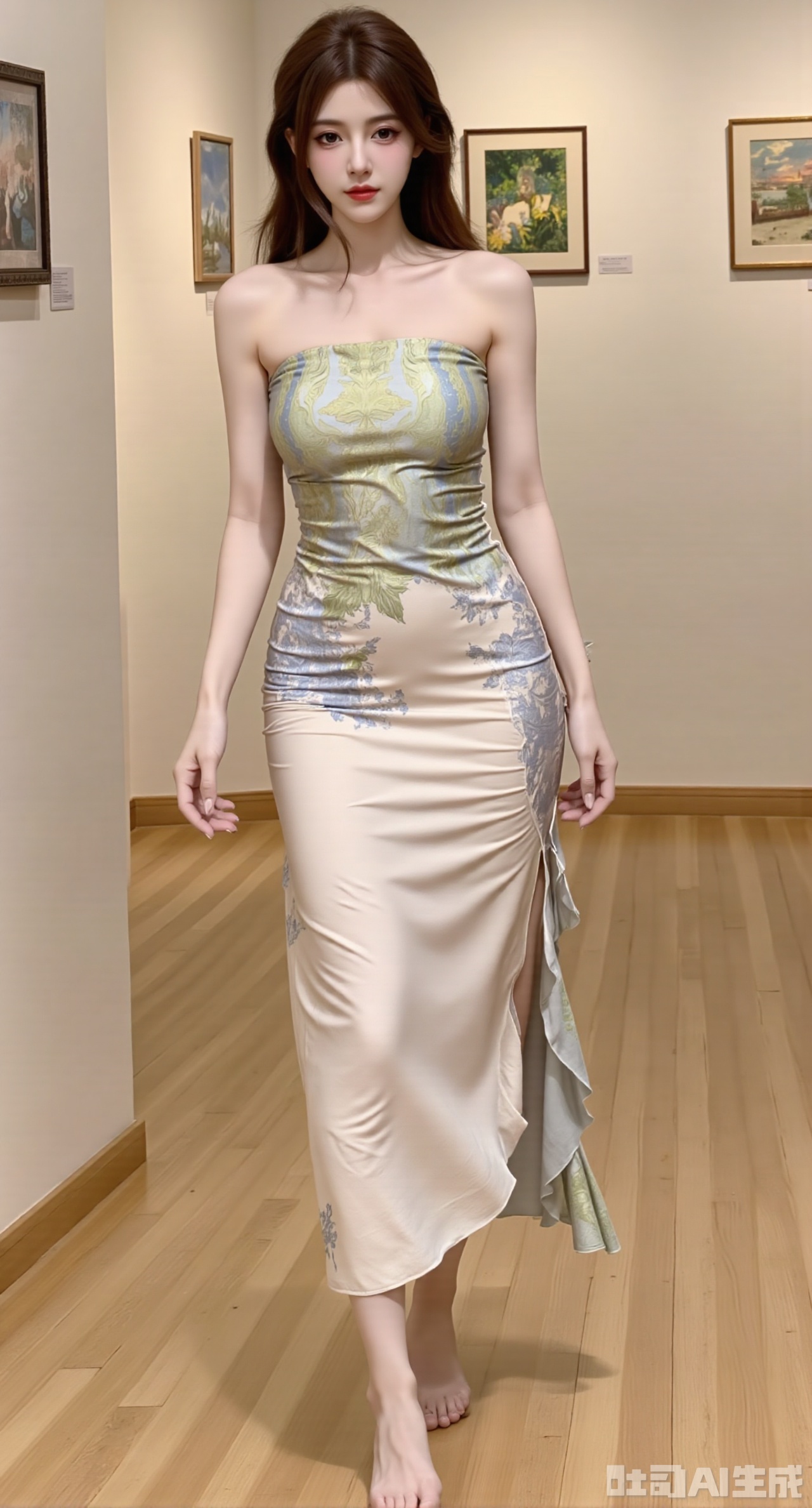 (masterpiece,best quality:1.23) ,A girl with an excellent figure, wearing a white strapless slit - printed dress, walking in an art gallery, with paintings on the side,,(huge breasts:2.99),(full breasts:2.99),XyunxiaoYK,Xsonghanfu,XlingyuyxiuX,XlingyuyxiuX2,Xqinghannu,Xtangqixiongshanqun,XmeijiX2,XmeijiX,Xmoxiongqun