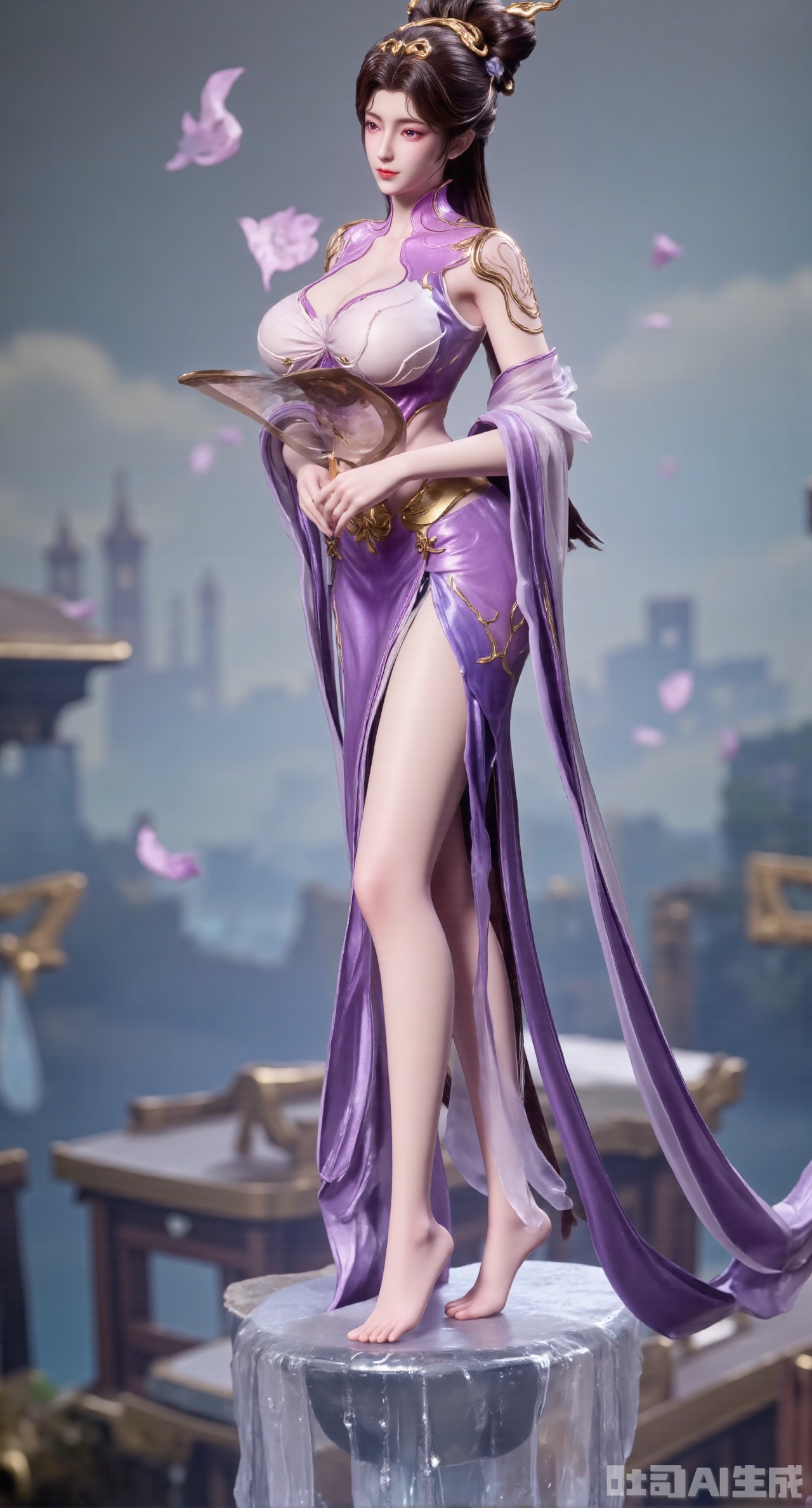 SFW,(masterpiece,best quality:1.23)A PVC figurine beauty with an oriental classical charm, her hair in an elaborate bun with a jade hairpin inserted, wearing an improved Chinese - style cheongsam with a high - slit design highlighting her beautiful legs. She stands on a crystal - clear transparent crystal platform, holding a round fan to half - cover her face. The background is blurred, and the pavilions and towers of a Chinese - style garden can be vaguely seen,(huge breasts, full breasts:2.68),Xhanfududou,Xsongzhihanfu,Xlujiajia,Xyanqingfei,XfuqingyunY,Xtangqixiongshanqun,Xfeitianhanfu,Xqinghannu,XmeijiX2,XmeijiX,XlingyuyxiuX2,XlingyuyxiuX,Xjianglishenwang,Xjianglishenwang2,XPVCshouban,Xyuanyao