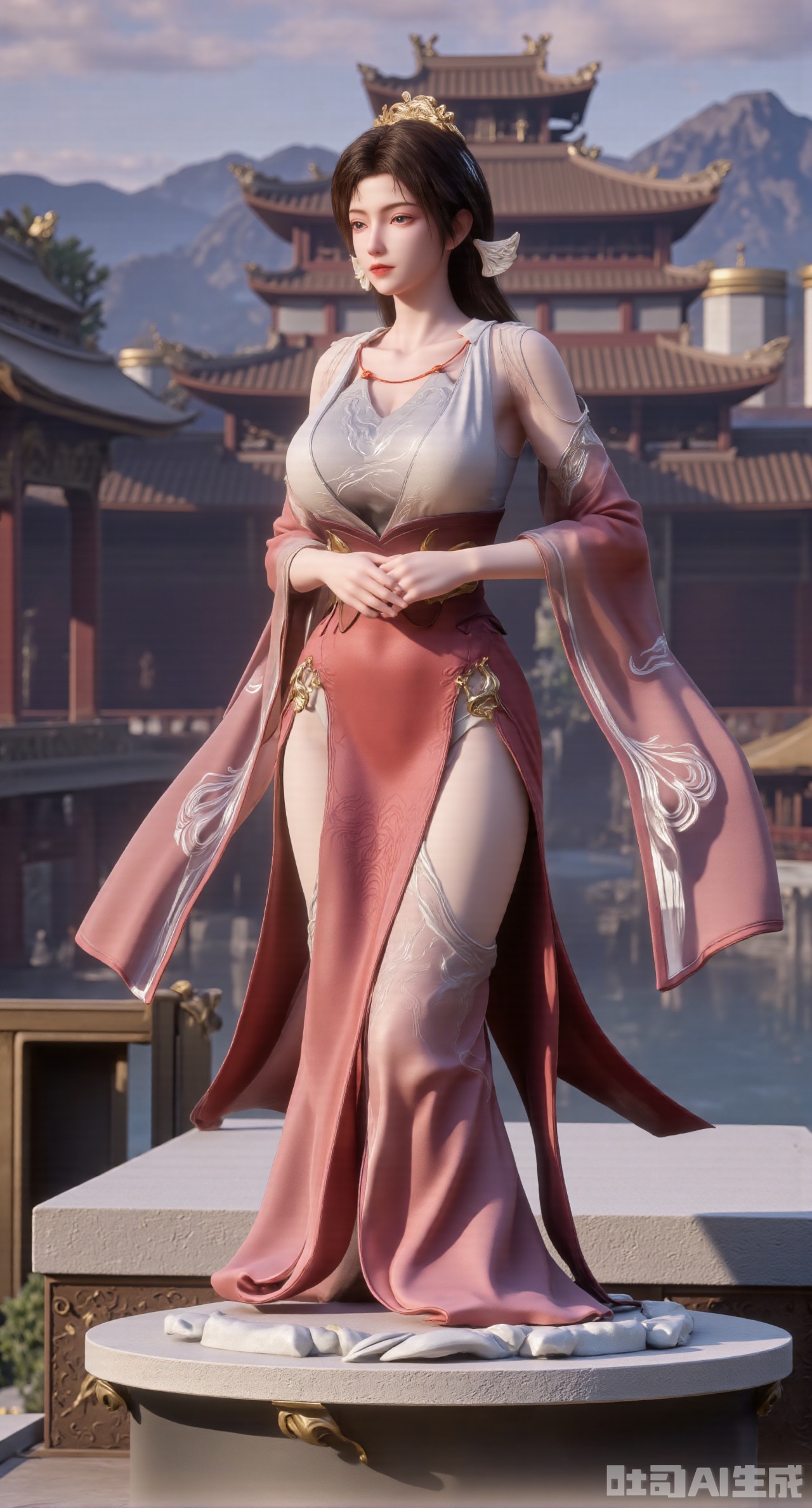(masterpiece,best quality:1.23),This PVC figurine of a Chinese - style beauty from Chinese comics has affectionate eyes and eyebrows, with her hair styled in a fallen - horse - like bun and a golden hairpin with dangling ornaments inserted. She is wearing a rose - red quju deep - robe. Standing on an ancient - style platform paved with white jade stones and carved with patterns of dragon and phoenix bringing prosperity around it, she touches the jade pendant around her waist. The background is blurred, showing a hazy image of a magnificent palace,(huge breasts, full breasts:2.68),Xhanfududou,Xsongzhihanfu,Xlujiajia,Xyanqingfei,XfuqingyunY,Xtangqixiongshanqun,Xfeitianhanfu,Xqinghannu,XmeijiX2,XmeijiX,XlingyuyxiuX2,XlingyuyxiuX,Xjianglishenwang,Xjianglishenwang2,XPVCshouban,Xyuanyao,Xxuanyi,XsongyuYK