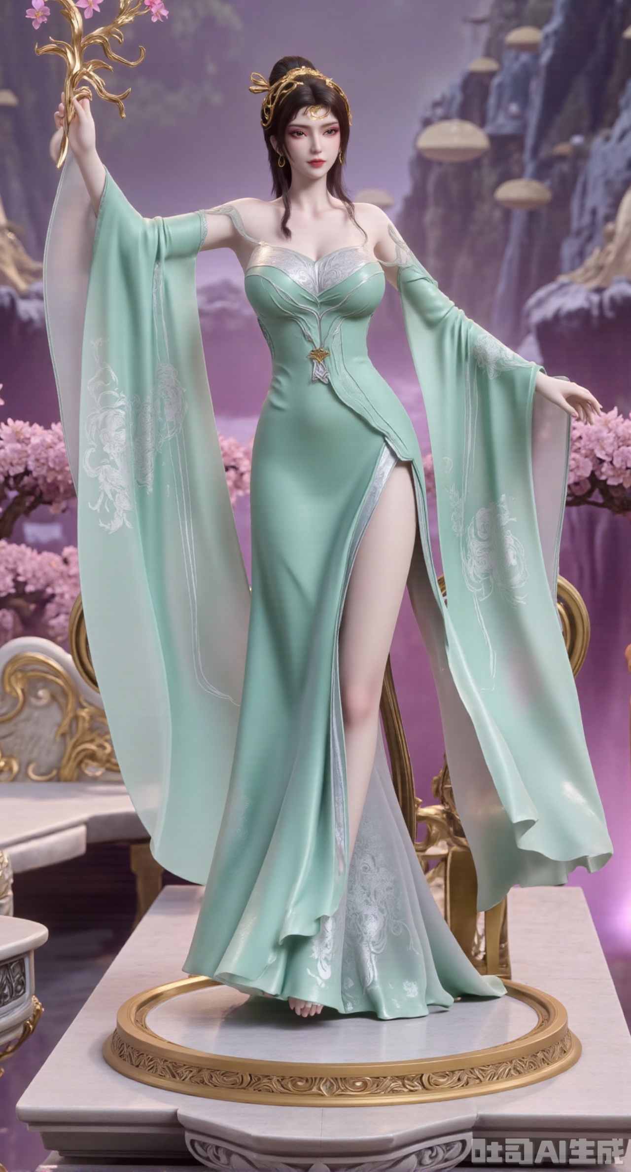 (masterpiece,best quality:1.23),This PVC figurine of a Chinese - style beauty from Chinese comics has red lips and white teeth, with her hair styled in a single - spiral bun and a jadeite hairpin inserted. She is wearing a light - green floor - length dress with the hem embroidered with butterfly patterns. Standing on an ancient - style platform made of marble and with exquisite reliefs, she gently lifts the hem of her dress as if dancing. The background is blurred, presenting a hazy view of a spring garden,(huge breasts, full breasts:2.68),Xhanfududou,Xsongzhihanfu,Xlujiajia,Xyanqingfei,XfuqingyunY,Xtangqixiongshanqun,Xfeitianhanfu,Xqinghannu,XmeijiX2,XmeijiX,XlingyuyxiuX2,XlingyuyxiuX,Xjianglishenwang,Xjianglishenwang2,XPVCshouban,Xyuanyao,Xxuanyi