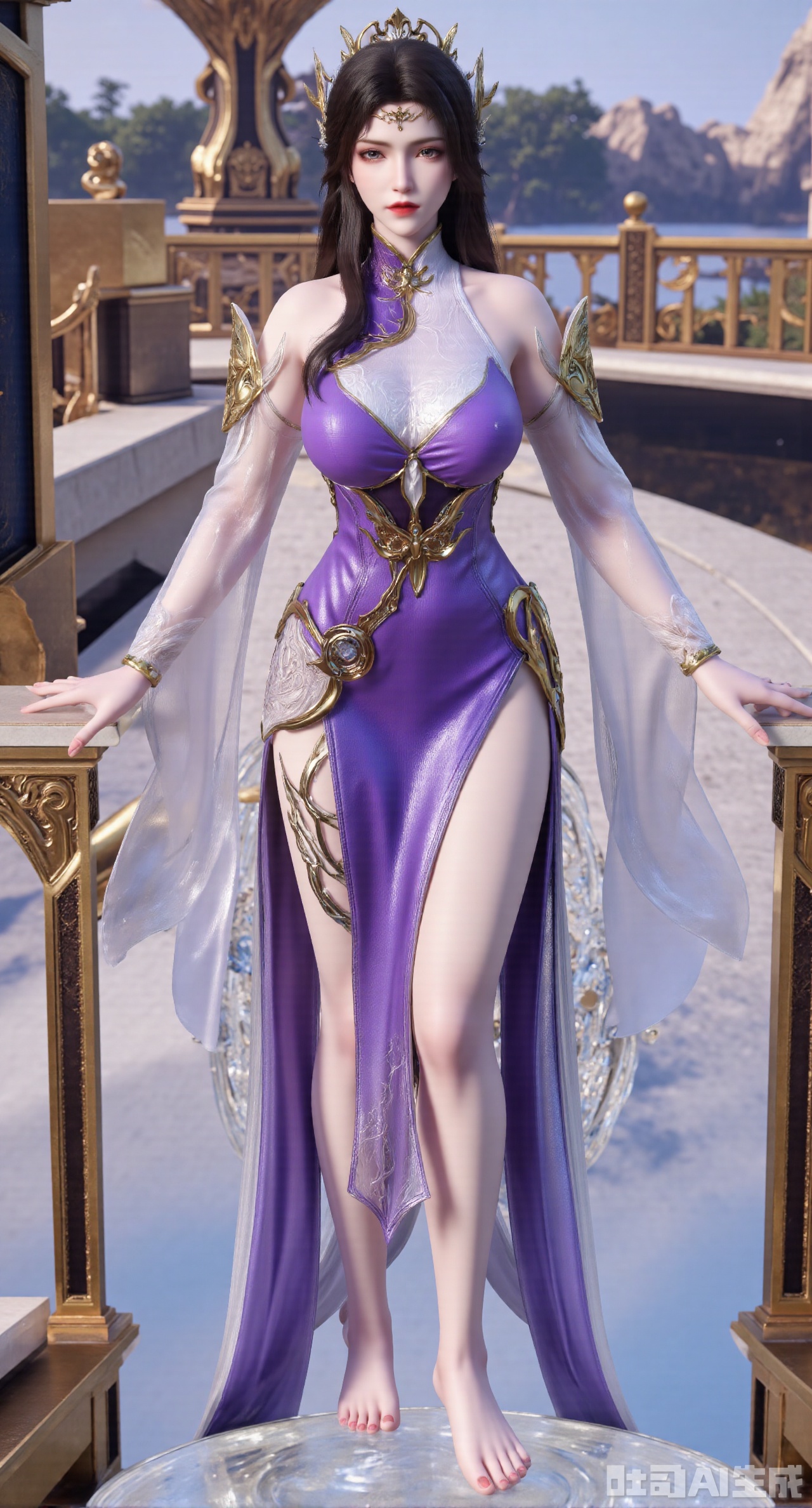 SFW,(masterpiece,best quality:1.23)A PVC figurine beauty with an oriental classical charm, her hair in an elaborate bun with a jade hairpin inserted, wearing an improved Chinese - style cheongsam with a high - slit design highlighting her beautiful legs. She stands on a crystal - clear transparent crystal platform, holding a round fan to half - cover her face. The background is blurred, and the pavilions and towers of a Chinese - style garden can be vaguely seen,(huge breasts, full breasts:2.68),Xhanfududou,Xsongzhihanfu,Xlujiajia,Xyanqingfei,XfuqingyunY,Xtangqixiongshanqun,Xfeitianhanfu,Xqinghannu,XmeijiX2,XmeijiX,XlingyuyxiuX2,XlingyuyxiuX,Xjianglishenwang,Xjianglishenwang2,XPVCshouban,Xyuanyao