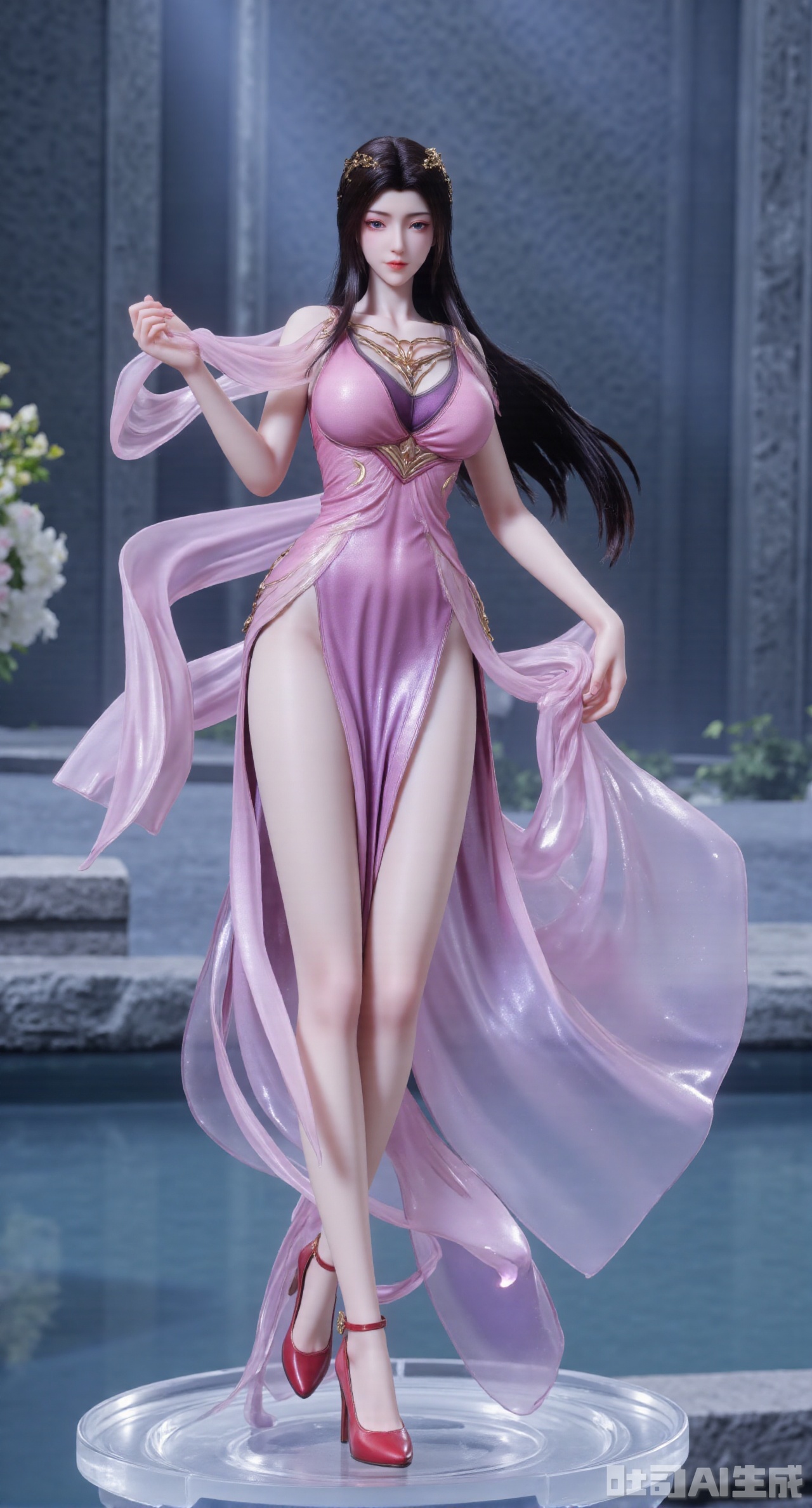 SFW,(masterpiece,best quality:1.23)A PVC figurine beauty with soft long black hair, wearing a retro - style corseted dress and red high - heeled shoes, stands on a faintly glowing transparent crystal platform, gently lifting the hem of her dress. The background is blurred, and a hazy dreamy garden scene can be seen,(huge breasts, full breasts:2.68),Xhanfududou,Xsongzhihanfu,Xlujiajia,Xyanqingfei,XfuqingyunY,Xtangqixiongshanqun,Xfeitianhanfu,Xqinghannu,XmeijiX2,XmeijiX,XlingyuyxiuX2,XlingyuyxiuX,Xjianglishenwang,Xjianglishenwang2,XPVCshouban,Xyuanyao