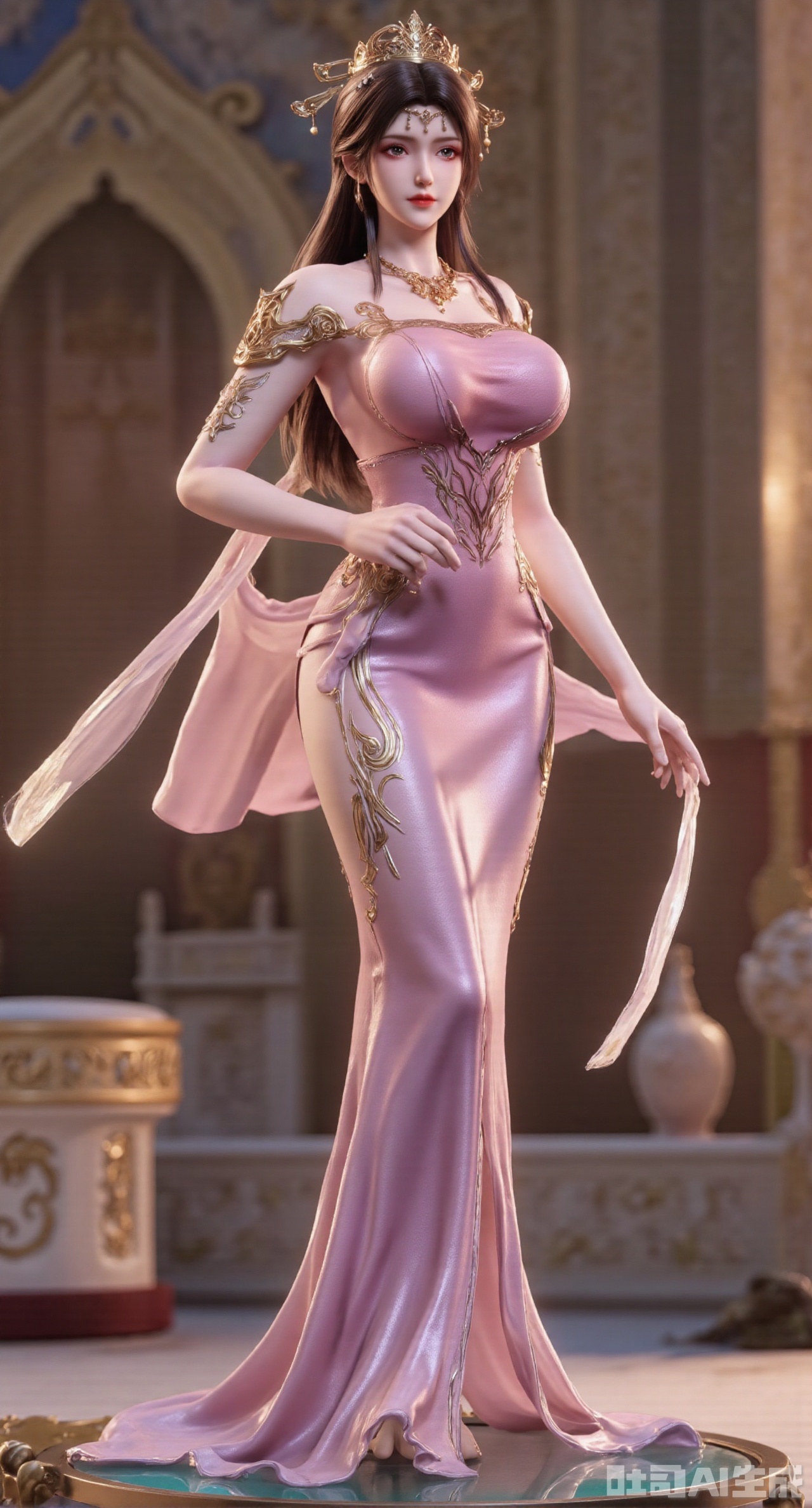 SFW,(masterpiece,best quality:1.23)A PVC figurine beauty with a delicate face and perfect body proportion, wearing a stylish off - the - shoulder evening dress with a floor - length hem, stands on a transparent crystal platform. She has an elegant and confident expression, with vivid eyes. The background is blurred, faintly showing the outline of a magnificent European - style palace,(huge breasts, full breasts:2.68),Xhanfududou,Xsongzhihanfu,Xlujiajia,Xyanqingfei,XfuqingyunY,Xtangqixiongshanqun,Xfeitianhanfu,Xqinghannu,XmeijiX2,XmeijiX,XlingyuyxiuX2,XlingyuyxiuX,Xjianglishenwang,Xjianglishenwang2,XPVCshouban