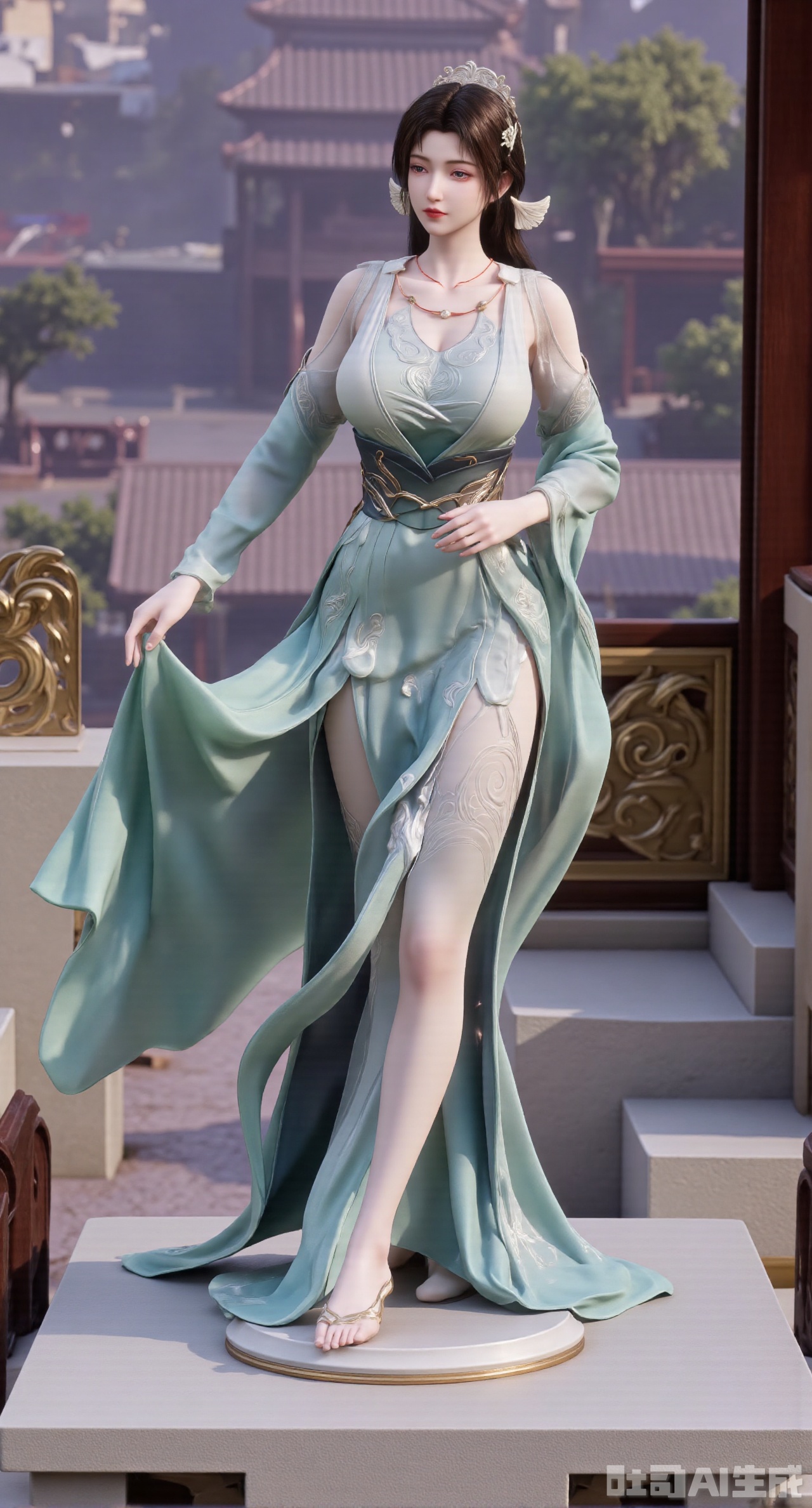 (masterpiece,best quality:1.23),This PVC figurine of a Chinese - style beauty from Chinese comics has red lips and white teeth, with her hair styled in a single - spiral bun and a jadeite hairpin inserted. She is wearing a light - green floor - length dress with the hem embroidered with butterfly patterns. Standing on an ancient - style platform made of marble and with exquisite reliefs, she gently lifts the hem of her dress as if dancing. The background is blurred, presenting a hazy view of a spring garden,(huge breasts, full breasts:2.68),,Xhanfududou,Xsongzhihanfu,Xlujiajia,Xyanqingfei,XfuqingyunY,Xtangqixiongshanqun,Xfeitianhanfu,Xqinghannu,XmeijiX2,XmeijiX,XlingyuyxiuX2,XlingyuyxiuX,Xjianglishenwang,Xjianglishenwang2,XPVCshouban,Xyuanyao,Xxuanyi,XsongyuYK