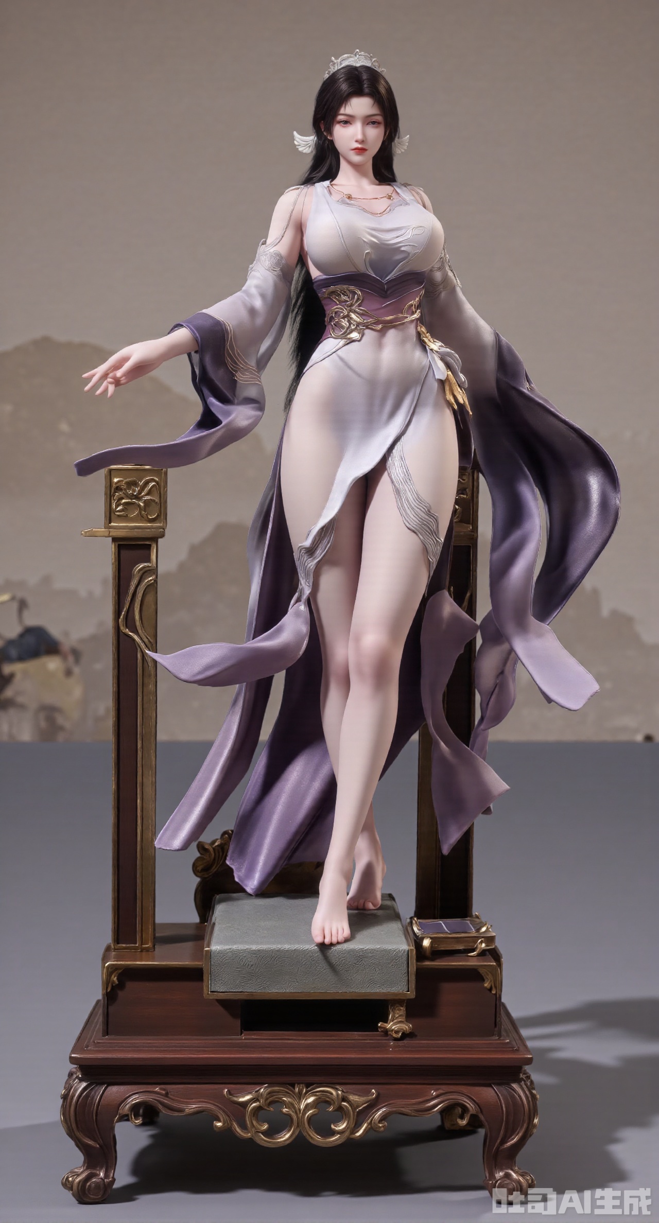 SFW,(masterpiece,best quality:1.23)The PVC figurine of a Chinese - style beauty from Chinese comics has a gentle face and black hair. She is wearing a lotus - root - colored ruqun suit with a matching half - sleeve outer garment. Standing on an ancient - style platform made of nanmu and carved with flower - and - bird patterns, she holds an ancient book in her hands. The background is blurred, and the layout of an antique - style study can be vaguely seen,(huge breasts, full breasts:2.68)Xhanfududou,Xsongzhihanfu,Xlujiajia,Xyanqingfei,XfuqingyunY,Xtangqixiongshanqun,Xfeitianhanfu,Xqinghannu,XmeijiX2,XmeijiX,XlingyuyxiuX2,XlingyuyxiuX,Xjianglishenwang,Xjianglishenwang2,XPVCshouban,Xyuanyao,Xxuanyi,XsongyuYK