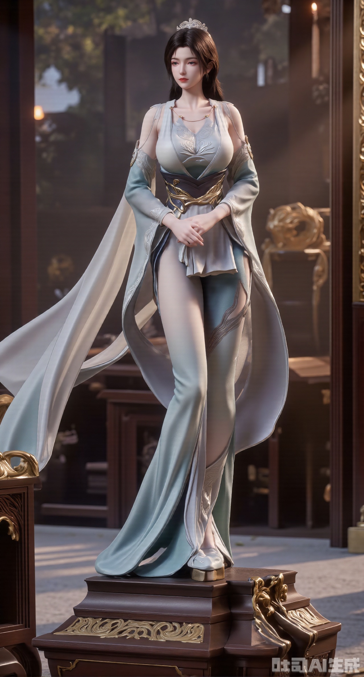 SFW,(masterpiece,best quality:1.23)The PVC figurine of a Chinese - style beauty from Chinese comics has a gentle face and black hair. She is wearing a lotus - root - colored ruqun suit with a matching half - sleeve outer garment. Standing on an ancient - style platform made of nanmu and carved with flower - and - bird patterns, she holds an ancient book in her hands. The background is blurred, and the layout of an antique - style study can be vaguely seen,(huge breasts, full breasts:2.68)Xhanfududou,Xsongzhihanfu,Xlujiajia,Xyanqingfei,XfuqingyunY,Xtangqixiongshanqun,Xfeitianhanfu,Xqinghannu,XmeijiX2,XmeijiX,XlingyuyxiuX2,XlingyuyxiuX,Xjianglishenwang,Xjianglishenwang2,XPVCshouban,Xyuanyao,Xxuanyi,XsongyuYK