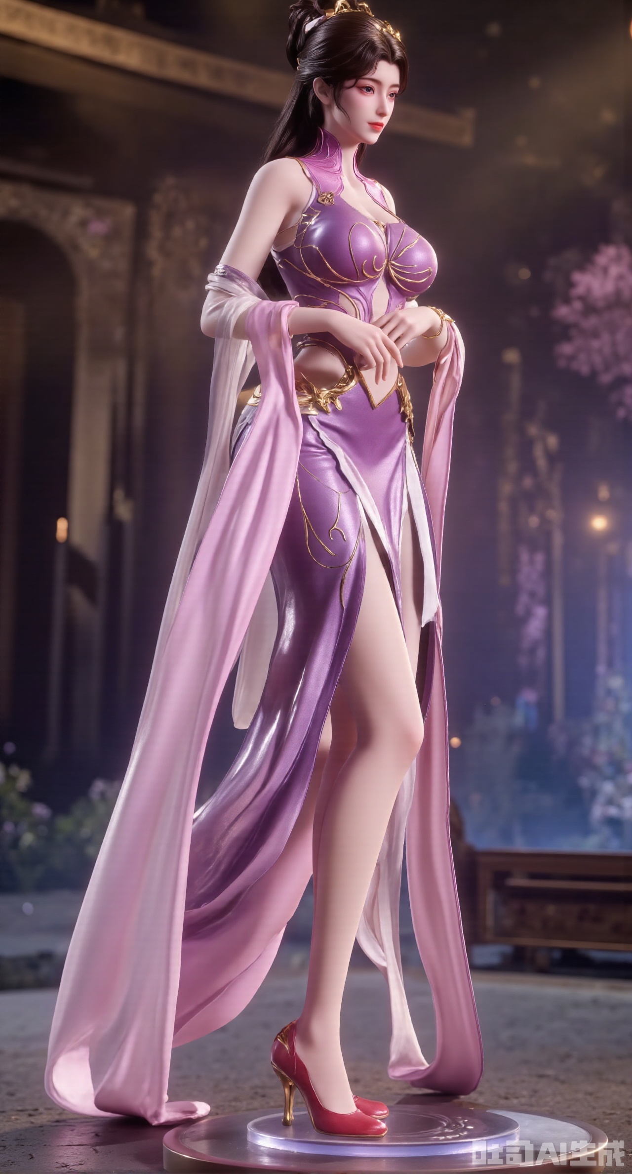 SFW,(masterpiece,best quality:1.23)A PVC figurine beauty with soft long black hair, wearing a retro - style corseted dress and red high - heeled shoes, stands on a faintly glowing transparent crystal platform, gently lifting the hem of her dress. The background is blurred, and a hazy dreamy garden scene can be seen,(huge breasts, full breasts:2.68),Xhanfududou,Xsongzhihanfu,Xlujiajia,Xyanqingfei,XfuqingyunY,Xtangqixiongshanqun,Xfeitianhanfu,Xqinghannu,XmeijiX2,XmeijiX,XlingyuyxiuX2,XlingyuyxiuX,Xjianglishenwang,Xjianglishenwang2,XPVCshouban,Xyuanyao