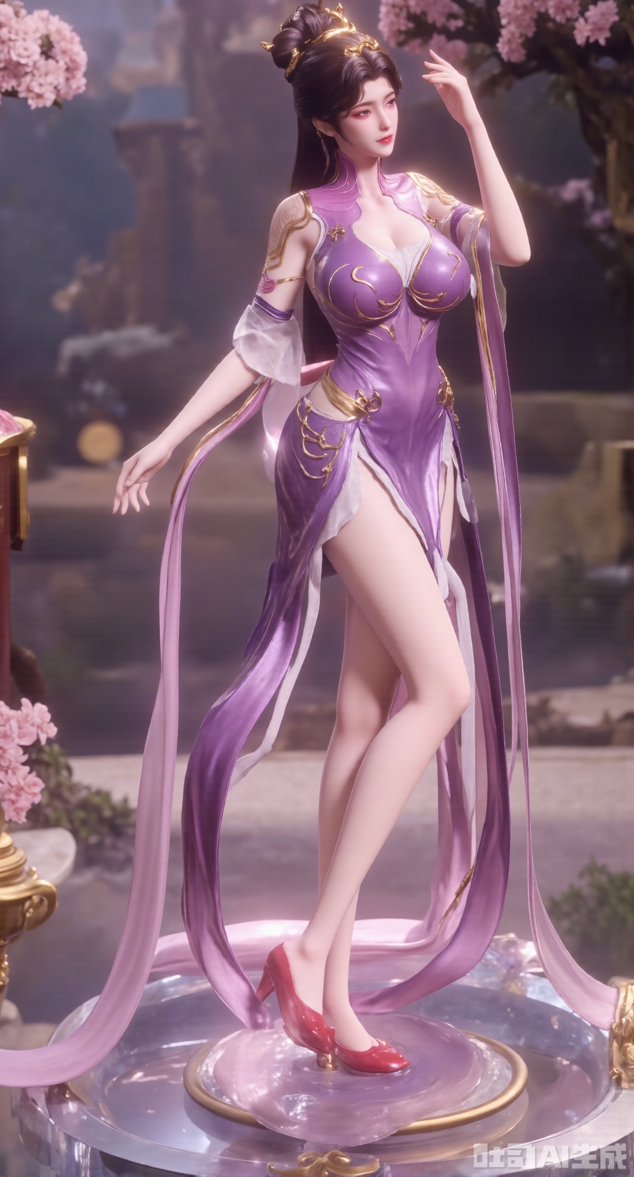 SFW,(masterpiece,best quality:1.23)A PVC figurine beauty with soft long black hair, wearing a retro - style corseted dress and red high - heeled shoes, stands on a faintly glowing transparent crystal platform, gently lifting the hem of her dress. The background is blurred, and a hazy dreamy garden scene can be seen,(huge breasts, full breasts:2.68),Xhanfududou,Xsongzhihanfu,Xlujiajia,Xyanqingfei,XfuqingyunY,Xtangqixiongshanqun,Xfeitianhanfu,Xqinghannu,XmeijiX2,XmeijiX,XlingyuyxiuX2,XlingyuyxiuX,Xjianglishenwang,Xjianglishenwang2,XPVCshouban,Xyuanyao
