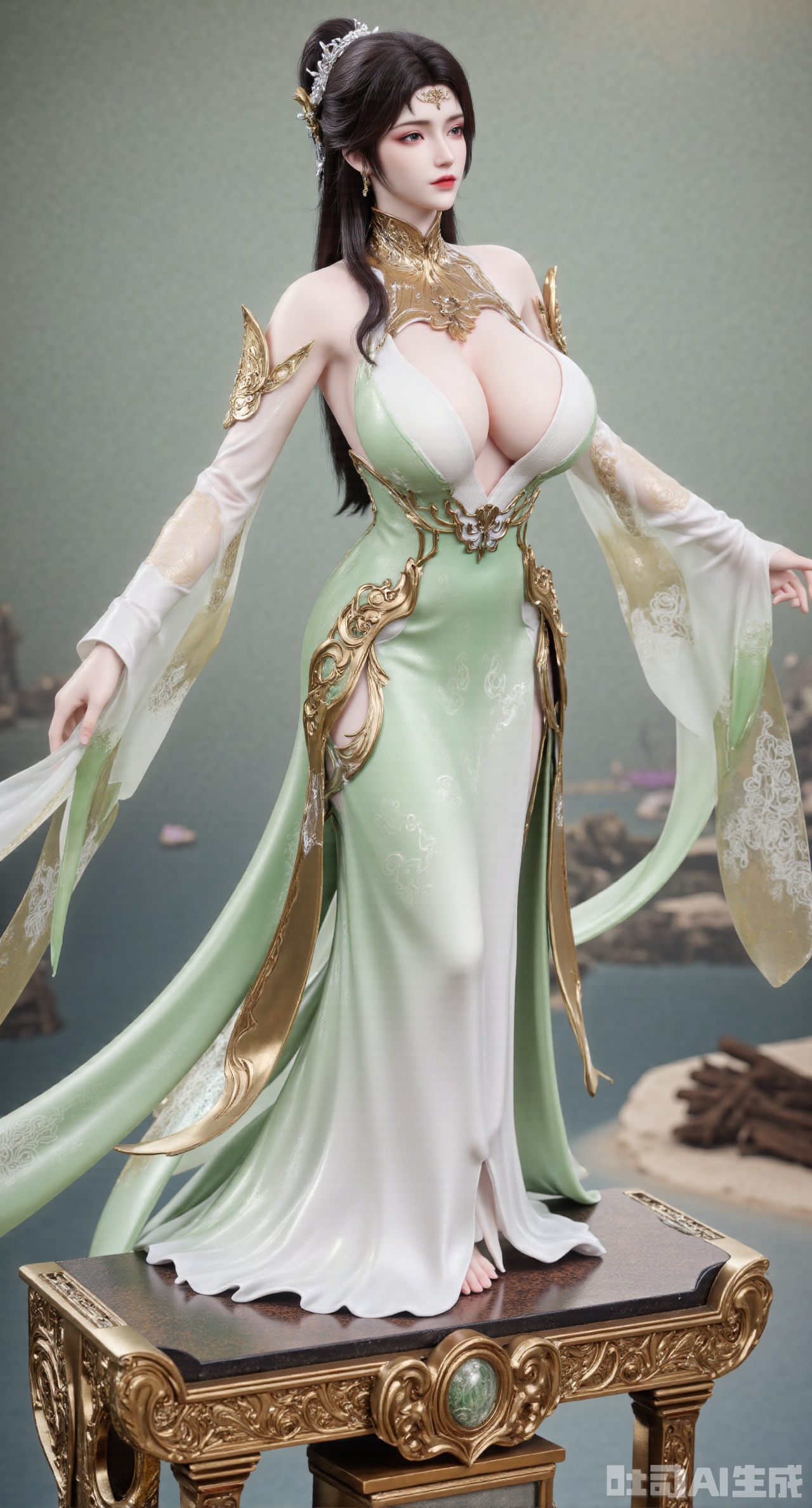 (masterpiece,best quality:1.23),This PVC figurine of a Chinese - style beauty from Chinese comics has red lips and white teeth, with her hair styled in a single - spiral bun and a jadeite hairpin inserted. She is wearing a light - green floor - length dress with the hem embroidered with butterfly patterns. Standing on an ancient - style platform made of marble and with exquisite reliefs, she gently lifts the hem of her dress as if dancing. The background is blurred, presenting a hazy view of a spring garden,(huge breasts, full breasts:2.68),Xhanfududou,Xsongzhihanfu,Xlujiajia,Xyanqingfei,XfuqingyunY,Xtangqixiongshanqun,Xfeitianhanfu,Xqinghannu,XmeijiX2,XmeijiX,XlingyuyxiuX2,XlingyuyxiuX,Xjianglishenwang,Xjianglishenwang2,XPVCshouban,Xyuanyao,Xxuanyi