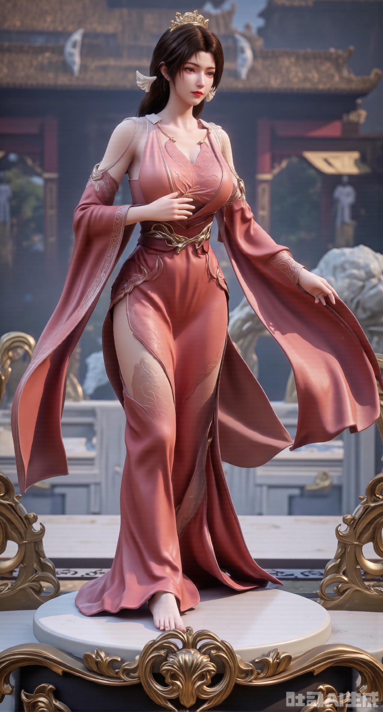 (masterpiece,best quality:1.23),This PVC figurine of a Chinese - style beauty from Chinese comics has affectionate eyes and eyebrows, with her hair styled in a fallen - horse - like bun and a golden hairpin with dangling ornaments inserted. She is wearing a rose - red quju deep - robe. Standing on an ancient - style platform paved with white jade stones and carved with patterns of dragon and phoenix bringing prosperity around it, she touches the jade pendant around her waist. The background is blurred, showing a hazy image of a magnificent palace,(huge breasts, full breasts:2.68),Xhanfududou,Xsongzhihanfu,Xlujiajia,Xyanqingfei,XfuqingyunY,Xtangqixiongshanqun,Xfeitianhanfu,Xqinghannu,XmeijiX2,XmeijiX,XlingyuyxiuX2,XlingyuyxiuX,Xjianglishenwang,Xjianglishenwang2,XPVCshouban,Xyuanyao,Xxuanyi,XsongyuYK