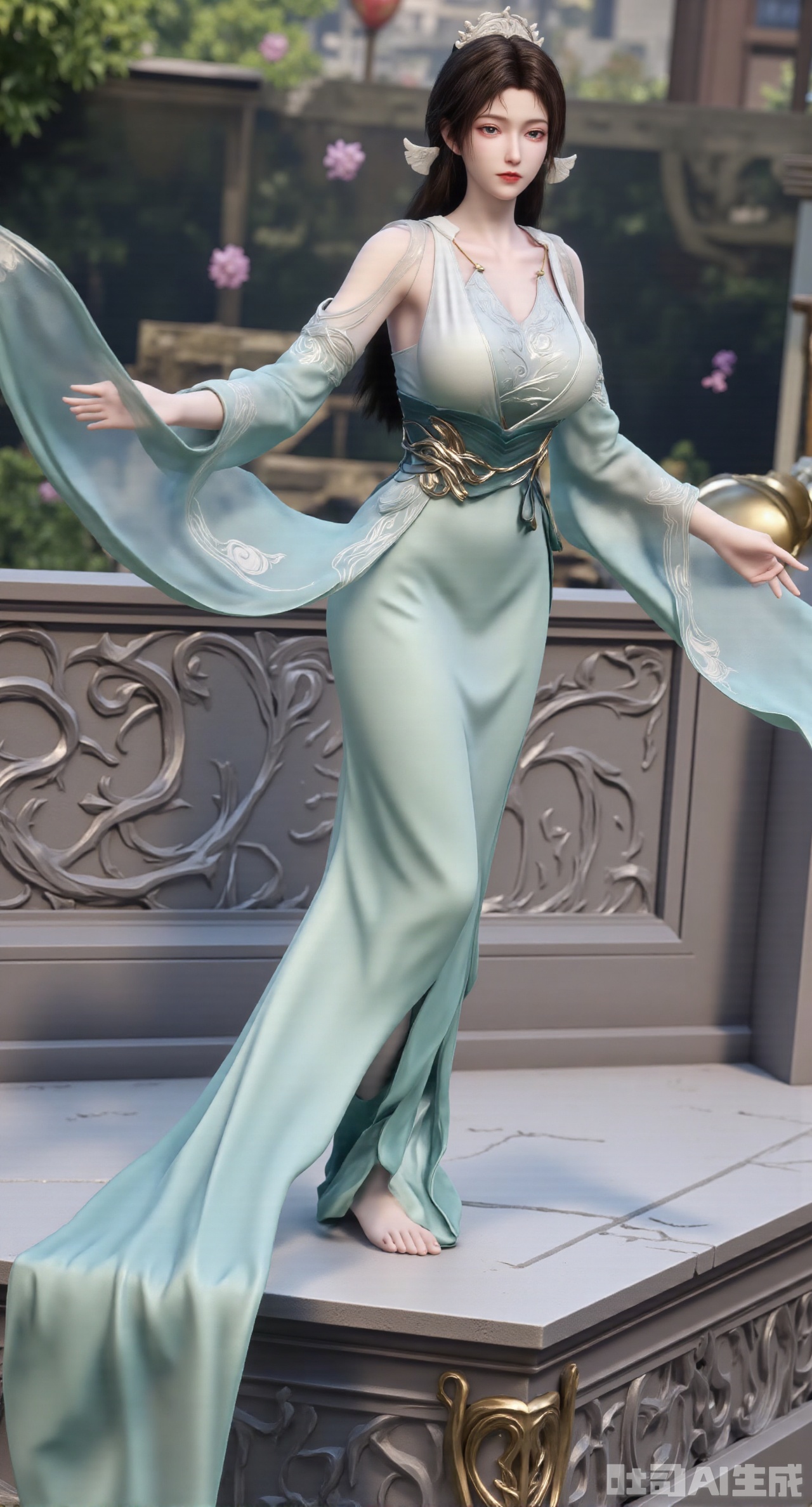 (masterpiece,best quality:1.23),This PVC figurine of a Chinese - style beauty from Chinese comics has red lips and white teeth, with her hair styled in a single - spiral bun and a jadeite hairpin inserted. She is wearing a light - green floor - length dress with the hem embroidered with butterfly patterns. Standing on an ancient - style platform made of marble and with exquisite reliefs, she gently lifts the hem of her dress as if dancing. The background is blurred, presenting a hazy view of a spring garden,(huge breasts, full breasts:2.68),,Xhanfududou,Xsongzhihanfu,Xlujiajia,Xyanqingfei,XfuqingyunY,Xtangqixiongshanqun,Xfeitianhanfu,Xqinghannu,XmeijiX2,XmeijiX,XlingyuyxiuX2,XlingyuyxiuX,Xjianglishenwang,Xjianglishenwang2,XPVCshouban,Xyuanyao,Xxuanyi,XsongyuYK