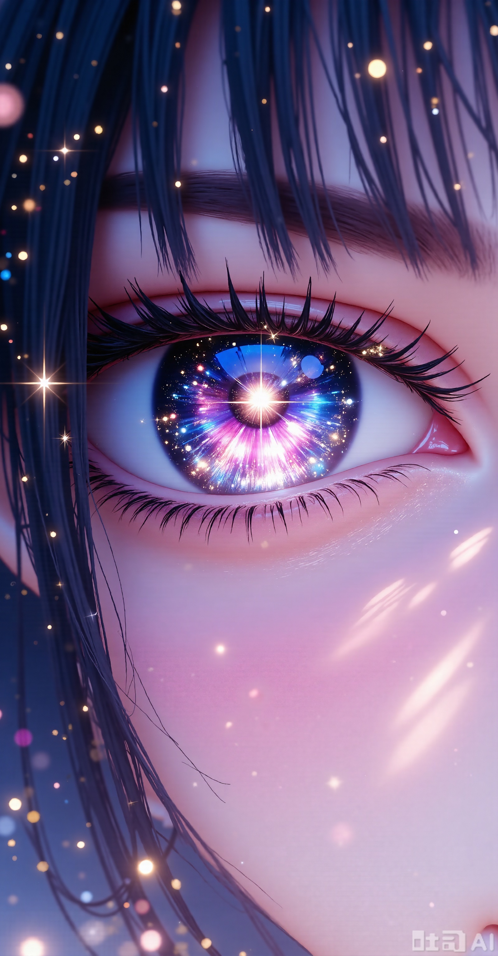 - Subject: The close-up focus on human eyes. The iris part is the core creative point, presenting a starry sky-like scene in the universe, with dazzling nebula and twinkling starlight, as if the entire galaxy is stored in it; the white part of the eye is blended into a soft pink and purple tones, echoing the iris color; the eyelashes are slender and have a fine light effect, adding a dreamy feeling; the surrounding hair is dark, and the hair is decorated with twinkle dots and fine sequins to enhance the gorgeous atmosphere of the picture.
- Color: The main colors are pink and blue and purple, and the light effects of gold and silver are embellished to create a dreamy, mysterious and gorgeous color atmosphere, and the warm and cold colors blend, making the picture both soft and dazzling.
- Light and shadow: The highlights are prominent, especially the radial highlights of the starlight in the center of the iris, becoming the visual focus; the shadow parts are delicately processed, making the three-dimensional structure of the eyes and the layers of hair more vivid, and the light effects are spread like fine stardust, enhancing the dreamy texture of the picture.