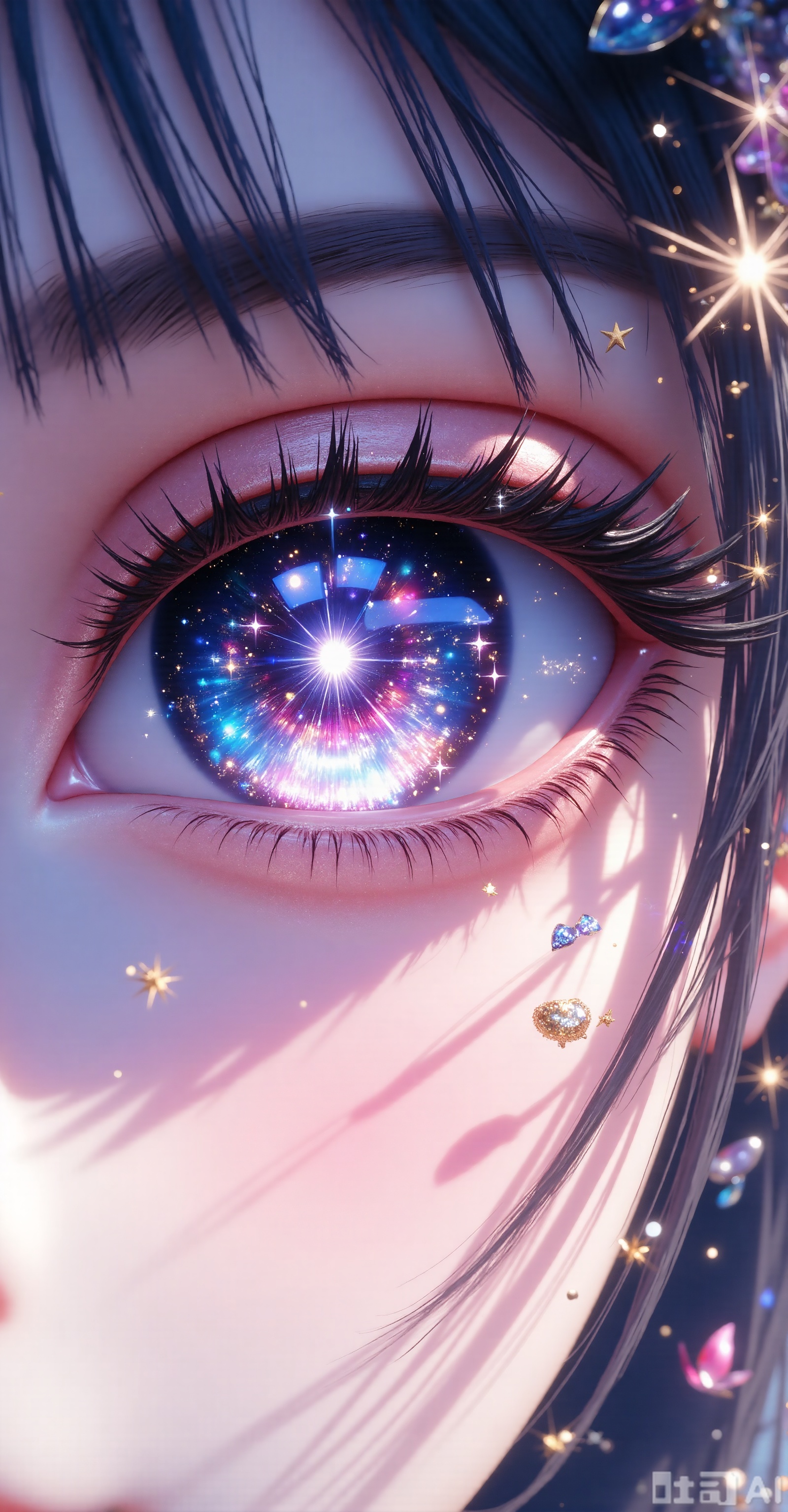 - Subject: The close-up focus on human eyes. The iris part is the core creative point, presenting a starry sky-like scene in the universe, with dazzling nebula and twinkling starlight, as if the entire galaxy is stored in it; the white part of the eye is blended into a soft pink and purple tones, echoing the iris color; the eyelashes are slender and have a fine light effect, adding a dreamy feeling; the surrounding hair is dark, and the hair is decorated with twinkle dots and fine sequins to enhance the gorgeous atmosphere of the picture.
- Color: The main colors are pink and blue and purple, and the light effects of gold and silver are embellished to create a dreamy, mysterious and gorgeous color atmosphere, and the warm and cold colors blend, making the picture both soft and dazzling.
- Light and shadow: The highlights are prominent, especially the radial highlights of the starlight in the center of the iris, becoming the visual focus; the shadow parts are delicately processed, making the three-dimensional structure of the eyes and the layers of hair more vivid, and the light effects are spread like fine stardust, enhancing the dreamy texture of the picture.