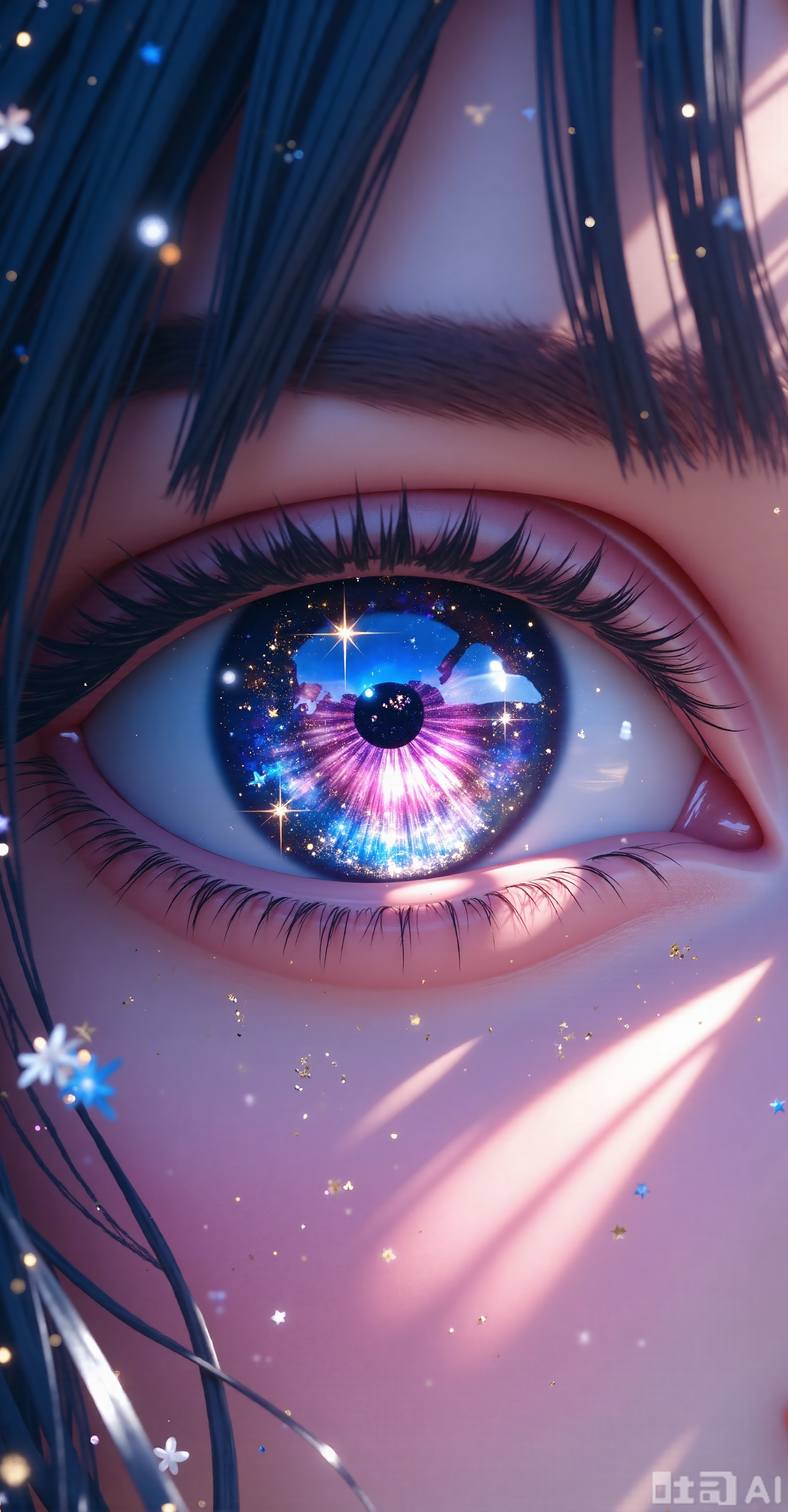 - Subject: The close-up focus on human eyes. The iris part is the core creative point, presenting a starry sky-like scene in the universe, with dazzling nebula and twinkling starlight, as if the entire galaxy is stored in it; the white part of the eye is blended into a soft pink and purple tones, echoing the iris color; the eyelashes are slender and have a fine light effect, adding a dreamy feeling; the surrounding hair is dark, and the hair is decorated with twinkle dots and fine sequins to enhance the gorgeous atmosphere of the picture.
- Color: The main colors are pink and blue and purple, and the light effects of gold and silver are embellished to create a dreamy, mysterious and gorgeous color atmosphere, and the warm and cold colors blend, making the picture both soft and dazzling.
- Light and shadow: The highlights are prominent, especially the radial highlights of the starlight in the center of the iris, becoming the visual focus; the shadow parts are delicately processed, making the three-dimensional structure of the eyes and the layers of hair more vivid, and the light effects are spread like fine stardust, enhancing the dreamy texture of the picture.