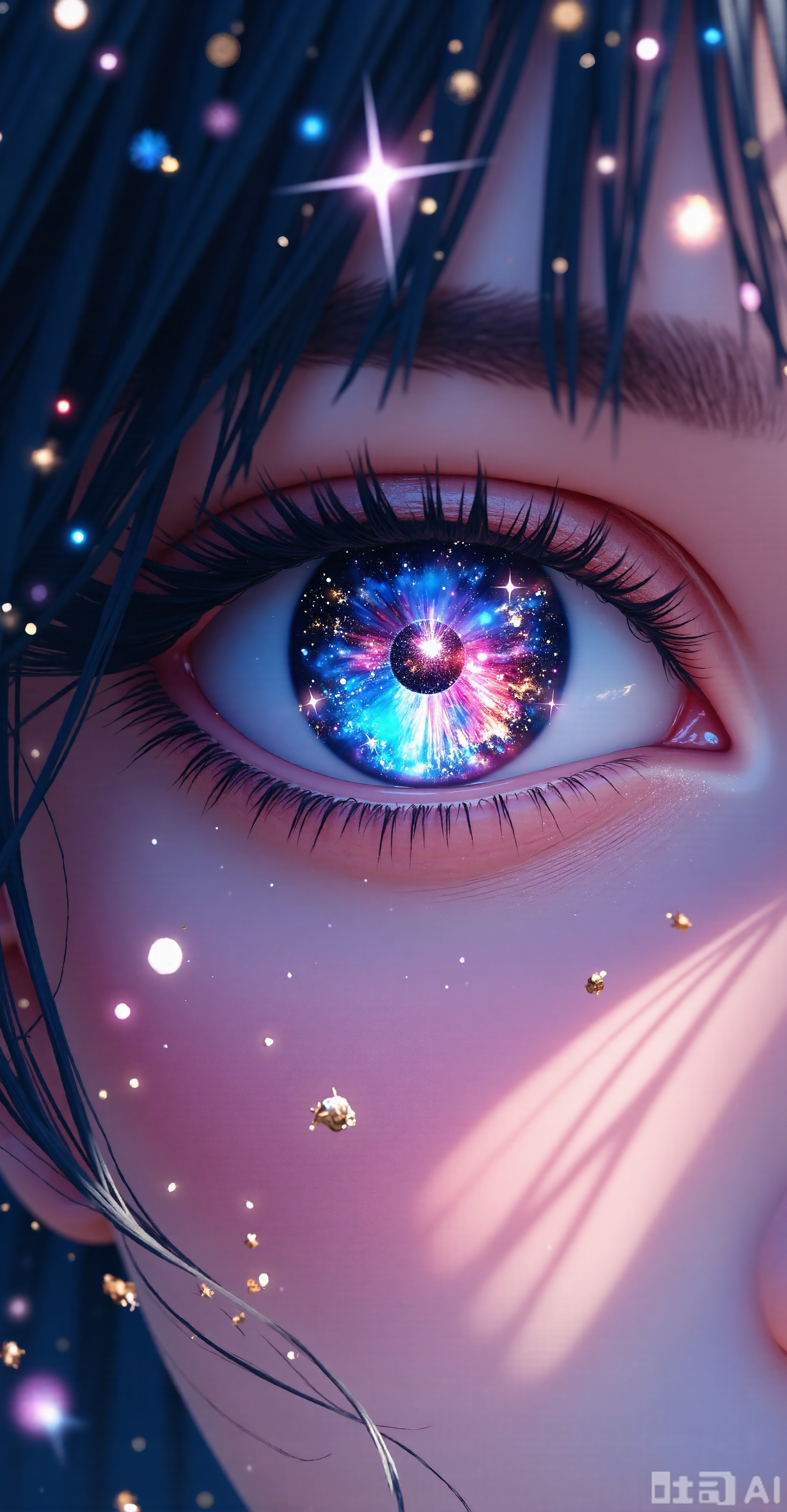 - Subject: The close-up focus on human eyes. The iris part is the core creative point, presenting a starry sky-like scene in the universe, with dazzling nebula and twinkling starlight, as if the entire galaxy is stored in it; the white part of the eye is blended into a soft pink and purple tones, echoing the iris color; the eyelashes are slender and have a fine light effect, adding a dreamy feeling; the surrounding hair is dark, and the hair is decorated with twinkle dots and fine sequins to enhance the gorgeous atmosphere of the picture.
- Color: The main colors are pink and blue and purple, and the light effects of gold and silver are embellished to create a dreamy, mysterious and gorgeous color atmosphere, and the warm and cold colors blend, making the picture both soft and dazzling.
- Light and shadow: The highlights are prominent, especially the radial highlights of the starlight in the center of the iris, becoming the visual focus; the shadow parts are delicately processed, making the three-dimensional structure of the eyes and the layers of hair more vivid, and the light effects are spread like fine stardust, enhancing the dreamy texture of the picture.