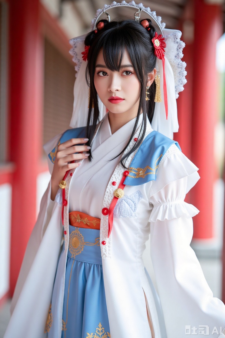 female cosplayer, centered composition, long bangs hair, exquisite makeup, white costume with red patterns and accents, blue shoulder bow with golden bells, light blue skirt with golden designs, blurred background with red pillars, vibrant colors, rich details, anime style illustration, focus on outfit showcase, full-body shot