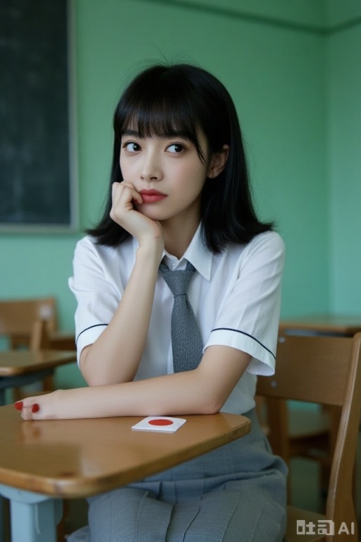 A photograph of a young Asian woman with straight black hair and bangs, sitting at a desk in a classroom. She wears a traditional Japanese schoolgirl uniform: a white blouse with black trim, a grey pleated skirt, and a grey necktie. Her expression is neutral, and she rests her chin on her right hand, which is touching her cheek. The classroom background features green walls and a blackboard on the left. The desk has a Japanese flag sticker. The overall mood is contemplative and slightly melancholic.