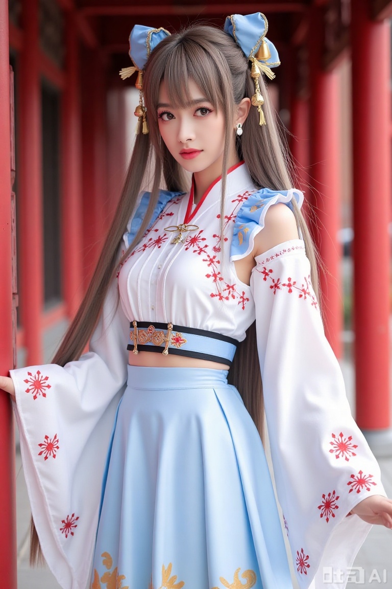 female cosplayer, centered composition, long bangs hair, exquisite makeup, white costume with red patterns and accents, blue shoulder bow with golden bells, light blue skirt with golden designs, blurred background with red pillars, vibrant colors, rich details, anime style illustration, focus on outfit showcase, full-body shot