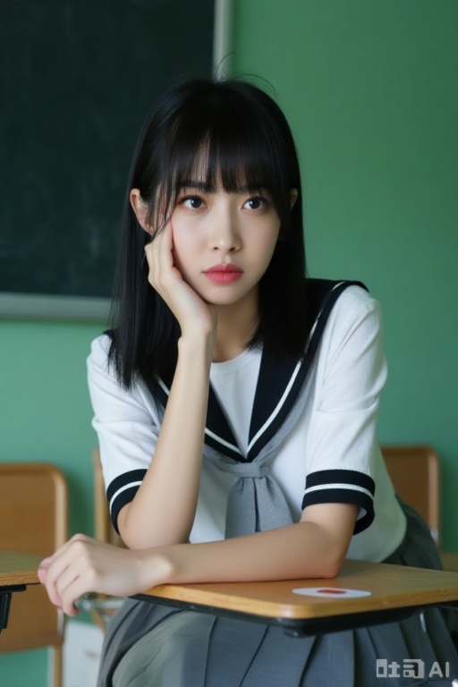A photograph of a young Asian woman with straight black hair and bangs, sitting at a desk in a classroom. She wears a traditional Japanese schoolgirl uniform: a white blouse with black trim, a grey pleated skirt, and a grey necktie. Her expression is neutral, and she rests her chin on her right hand, which is touching her cheek. The classroom background features green walls and a blackboard on the left. The desk has a Japanese flag sticker. The overall mood is contemplative and slightly melancholic.