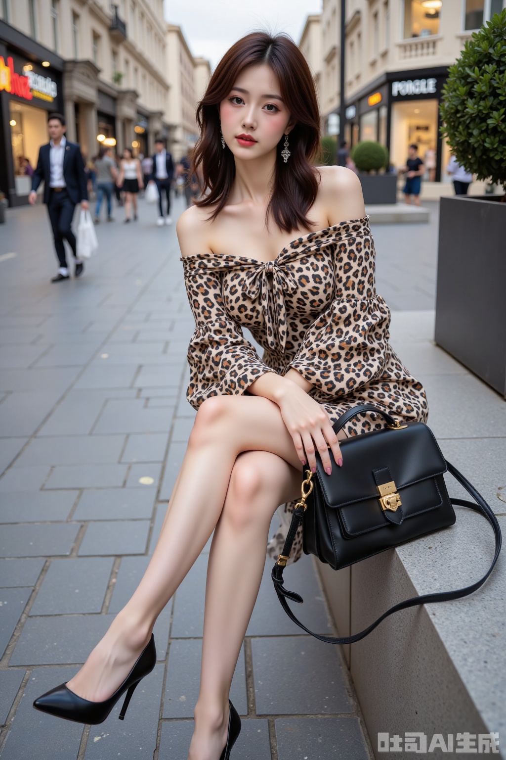 Realistic photo of a young woman, fashionable hairstyle, fair skin, big breasts, off-shoulder leopard print dress, fashionable leather bag, long legs, fashionable high heels, full body, sitting, luxury commercial square,