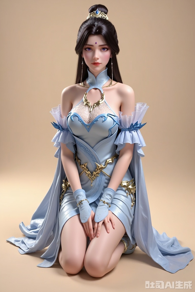 Full-body shot. Single person, a girl kneeling on the ground, long hair, black hair, hair accessories, dress, jewelry, off-the-shoulder, white dress, earrings, hair bun, forehead mark, single hair bun, purple eyes, blue eyes, sleeve covers, realistic style, blue dress, beads, forehead gem, necklace, crown, bracelet, detachable collar, fingerless gloves, legs, shoes. Shiny skin, looking directly at the camera, cinematic lighting, volumetric light, single person focus, (large breasts: 0.9), (simple background, pure beige background). Indoor. Light and shadow. Full of natural light.