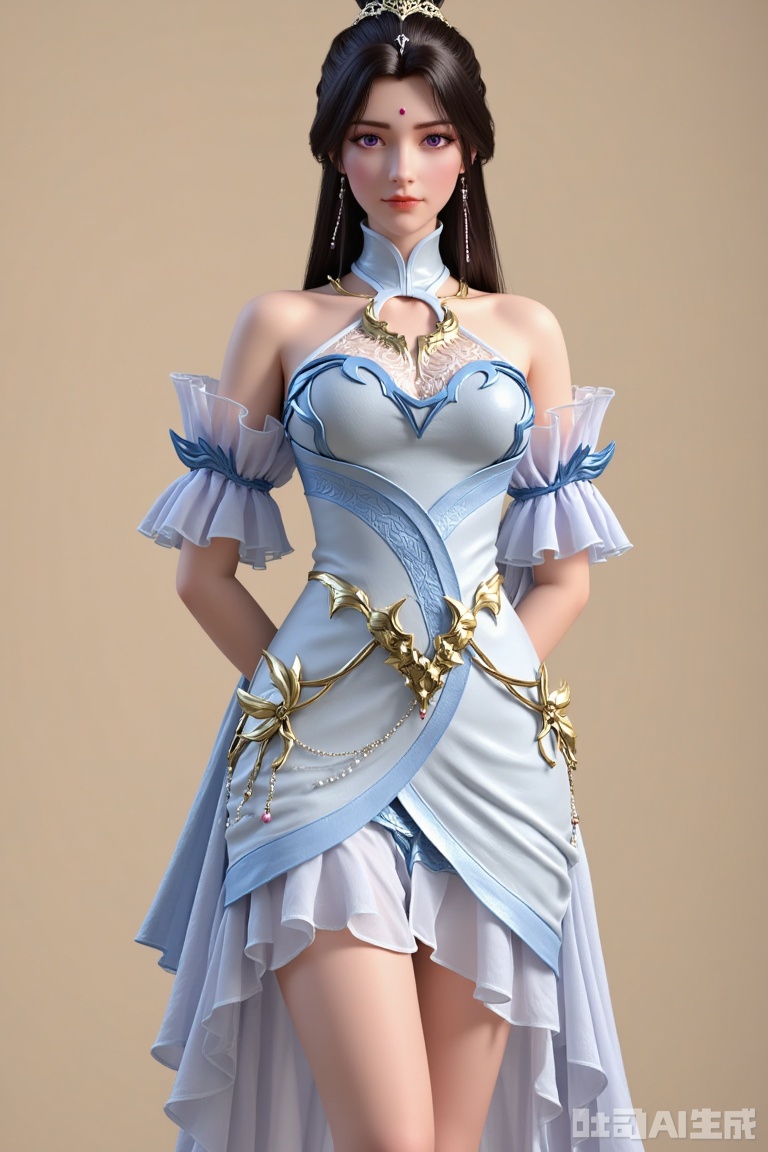 Single person, a girl, hands behind her back, long hair, black hair, hair accessories, dress, jewelry, off-the-shoulder, white dress, earrings, hair bun, forehead mark, facial mark, single hair bun, purple eyes, blue eyes, sleeves, realistic style, blue dress, beads, forehead gem, necklace, crown, detachable collar, legs, shiny skin, looking directly at the camera, cinematic lighting, volumetric light, single person focus, (large breasts: 0.9), (simple background, pure beige background). Indoor. Light and shadow. Full of natural light.