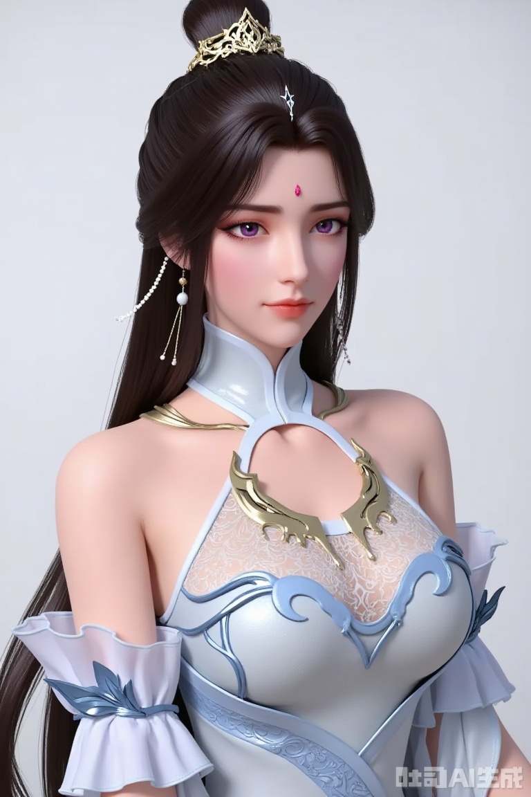 
1girl

solo

long hair

looking at viewer

black hair

hair ornament

dress

bare shoulders

jewelry

purple eyes

upper body

earrings

hair bun

white dress

facial mark

single hair bun

forehead mark

yuechan