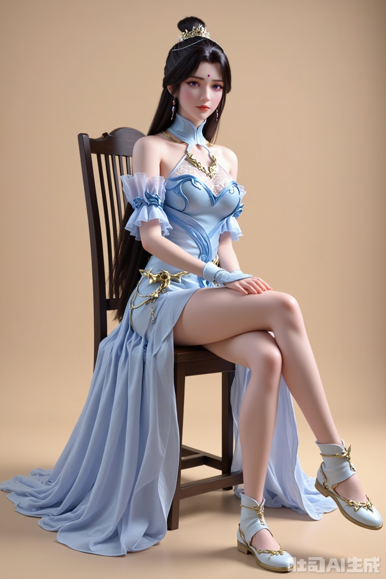 Full-body shot. Single person, a girl sitting on a chair, long hair, black hair, hair accessories, dress, jewelry, off-the-shoulder, white dress, earrings, hair bun, forehead mark, single hair bun, purple eyes, blue eyes, sleeves, realistic style, blue dress, beads, forehead gem, necklace, crown, bracelet, detachable collar, fingerless gloves, legs, shiny skin, looking directly at the camera, cinematic lighting, volumetric light, single person focus, (large breasts: 0.9), (simple background, pure beige background). Indoor. Light and shadow. Full of natural light.