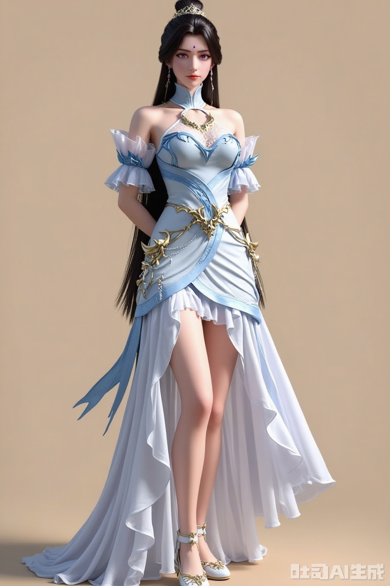 Single person, a girl, hands behind her back, long hair, black hair, hair accessories, dress, jewelry, off-the-shoulder, white dress, earrings, hair bun, forehead mark, facial mark, single hair bun, purple eyes, blue eyes, sleeves, realistic style, blue dress, beads, forehead gem, necklace, crown, detachable collar, legs, shiny skin, looking directly at the camera, cinematic lighting, volumetric light, single person focus, (large breasts: 0.9), (simple background, pure beige background). Indoor. Light and shadow. Full of natural light.