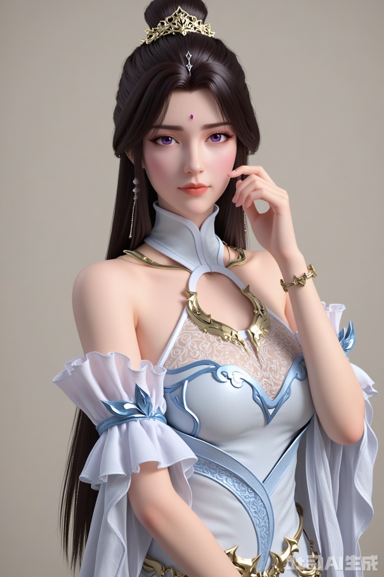 
1girl

solo

long hair

looking at viewer

black hair

hair ornament

dress

bare shoulders

jewelry

purple eyes

upper body

earrings

hair bun

white dress

facial mark

single hair bun

forehead mark

yuechan