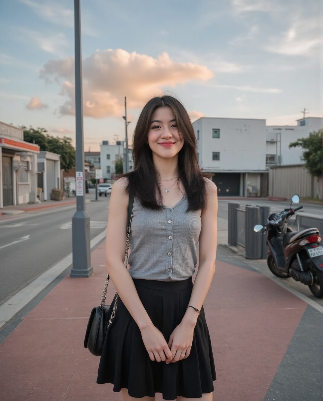 Create a realistic photoshoot for a woman standing on a red and grey paving road in an urban city setting at afternoon. Sh...