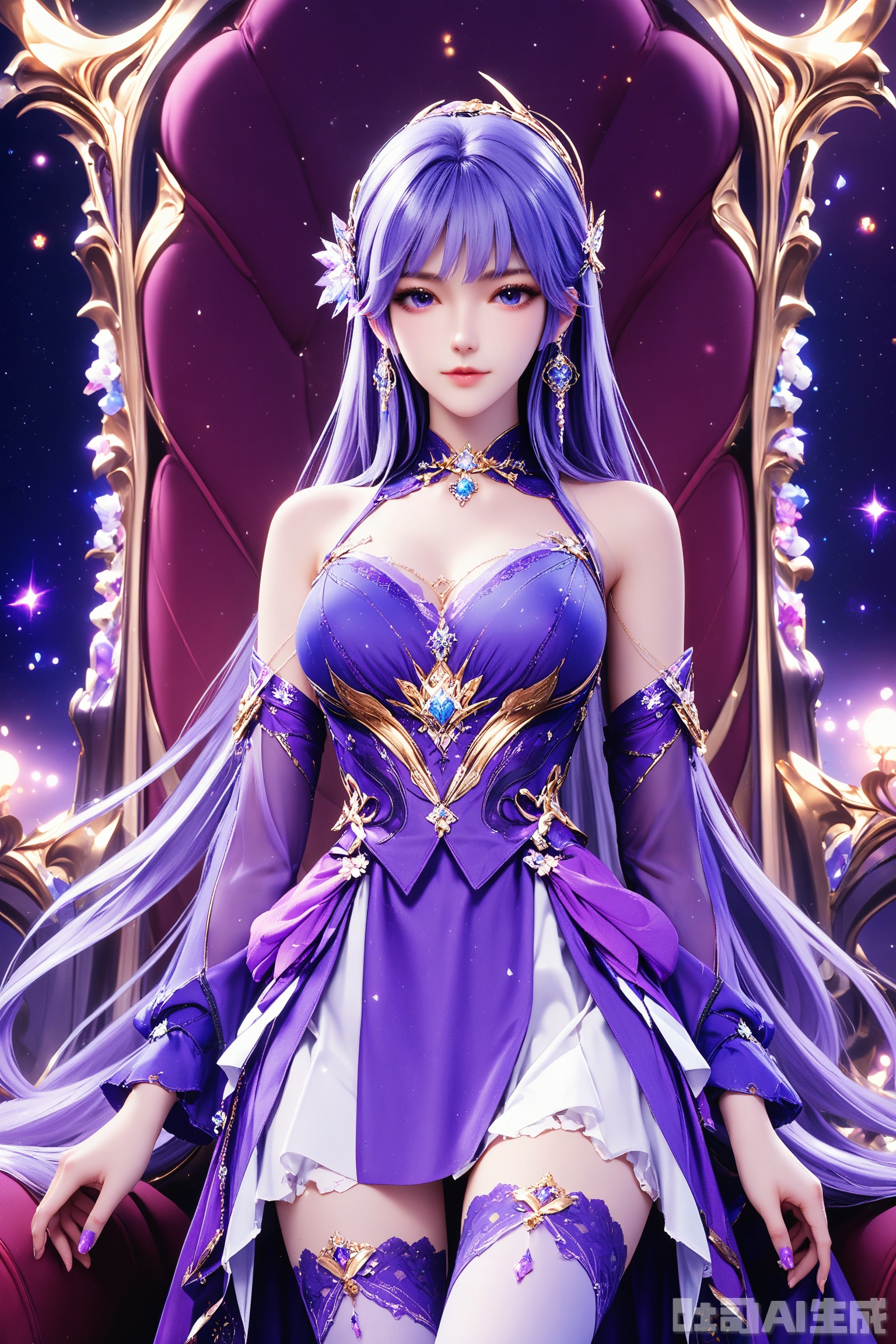 score_9,score_8_up,1girl, solo, long hair, breasts, looking at viewer, blue eyes, hair ornament, thighhighs, dress, bare shoulders, jewelry, purple eyes, purple hair, earrings, detached sleeves,purple dress,masterpiece,best quality,official art,extremely detailed CG unity 8k wallpaper,
