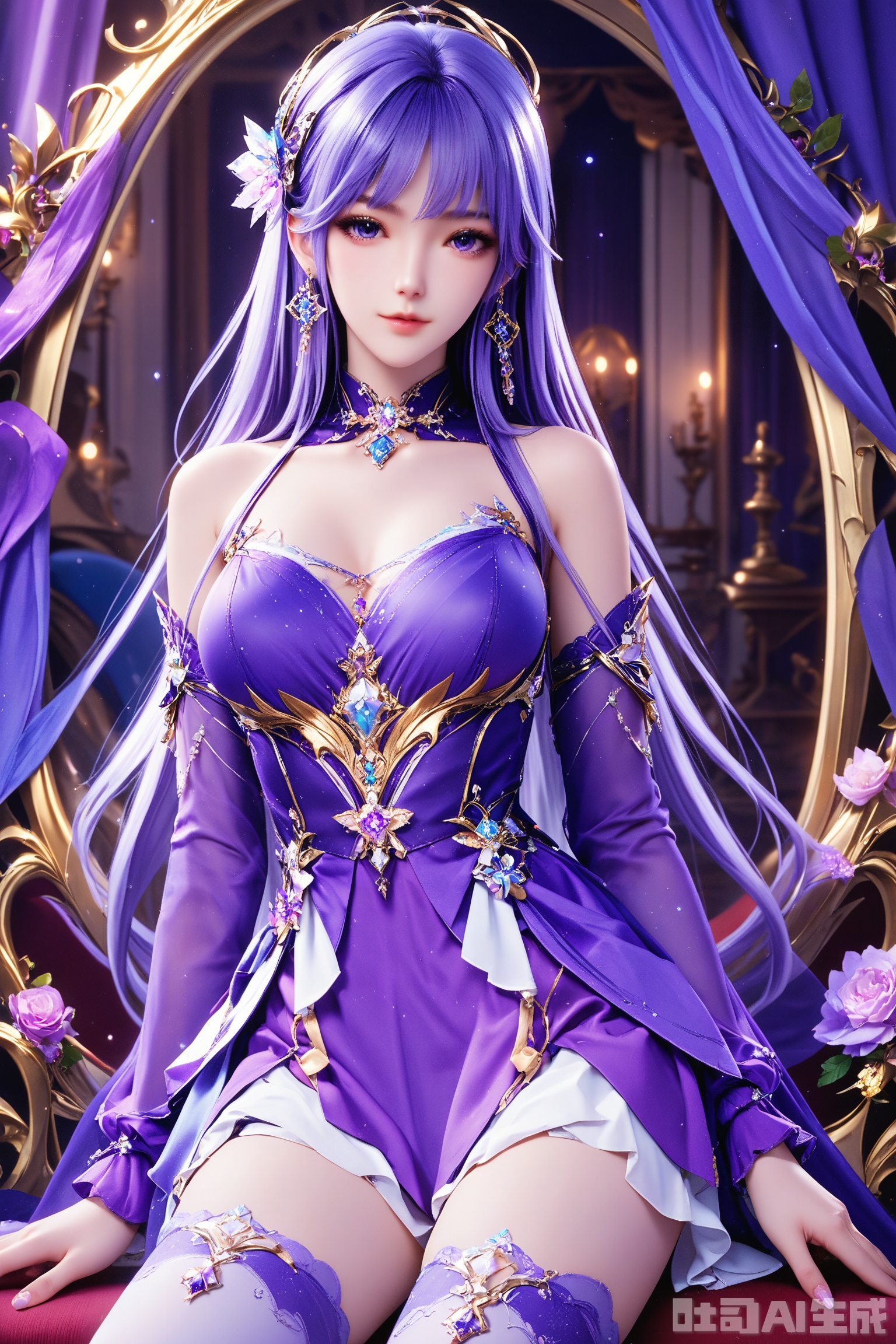 score_9,score_8_up,1girl, solo, long hair, breasts, looking at viewer, blue eyes, hair ornament, thighhighs, dress, bare shoulders, jewelry, purple eyes, purple hair, earrings, detached sleeves,purple dress,masterpiece,best quality,official art,extremely detailed CG unity 8k wallpaper,