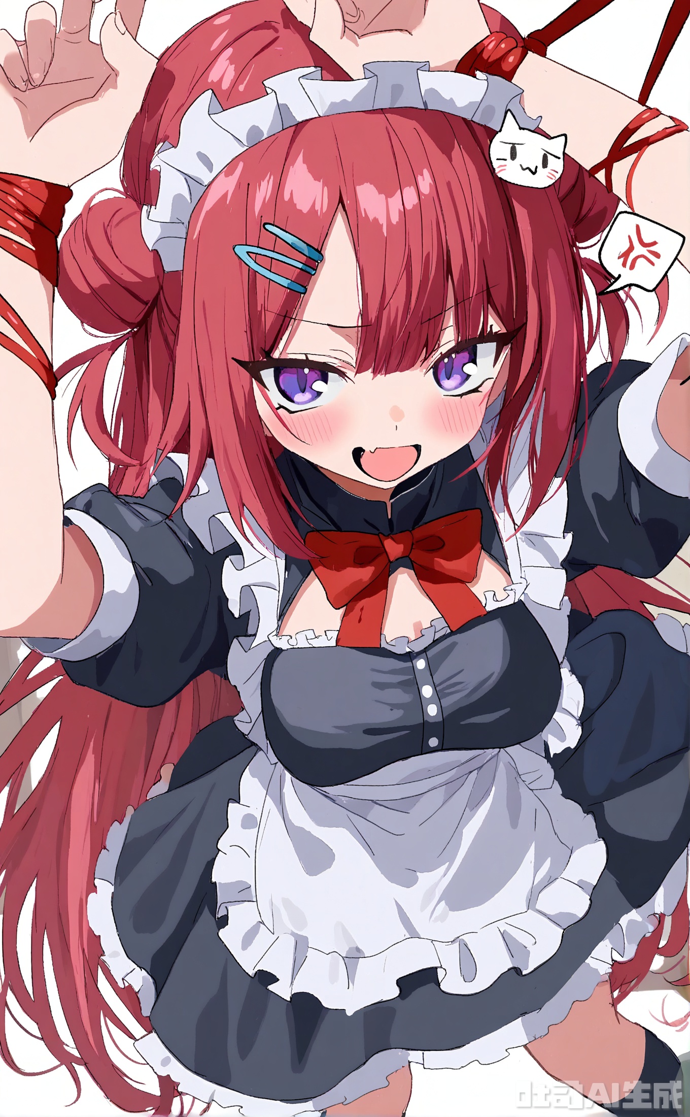 1girl, solo, long hair, breasts, looking at viewer, blush, smile, open mouth, bangs, hair ornament, dress, bow, ribbon, standing, purple eyes, short sleeves, red hair, frills, socks, hairclip, fang, puffy sleeves, hair bun, apron, black dress, red bow, arms up, puffy short sleeves, maid, kneehighs, maid headdress, clothing cutout, double bun, bound, frilled dress, black socks, white apron, anger vein, skin fang, maid apron, frilled apron, bound wrists, cat hair ornament, tied up \(nonsexual\), spoken anger vein