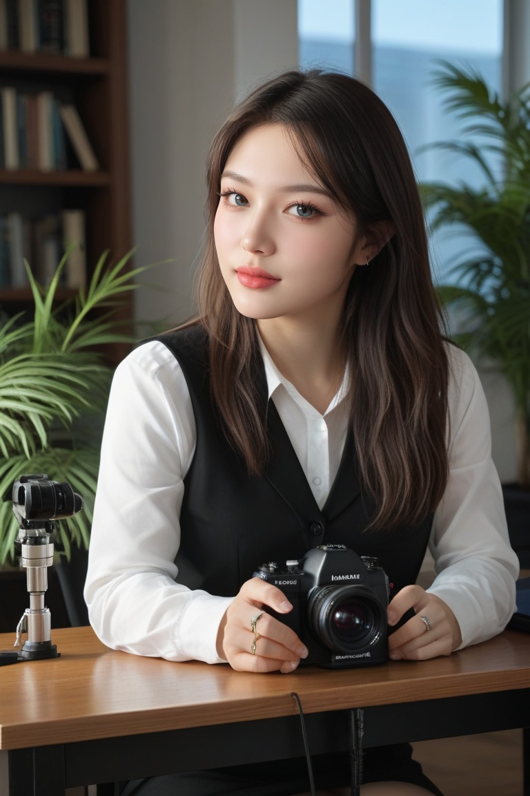 A high-quality,  photorealistic image of a young woman in a modern,  aesthetically pleasing home studio. She is sitting at...