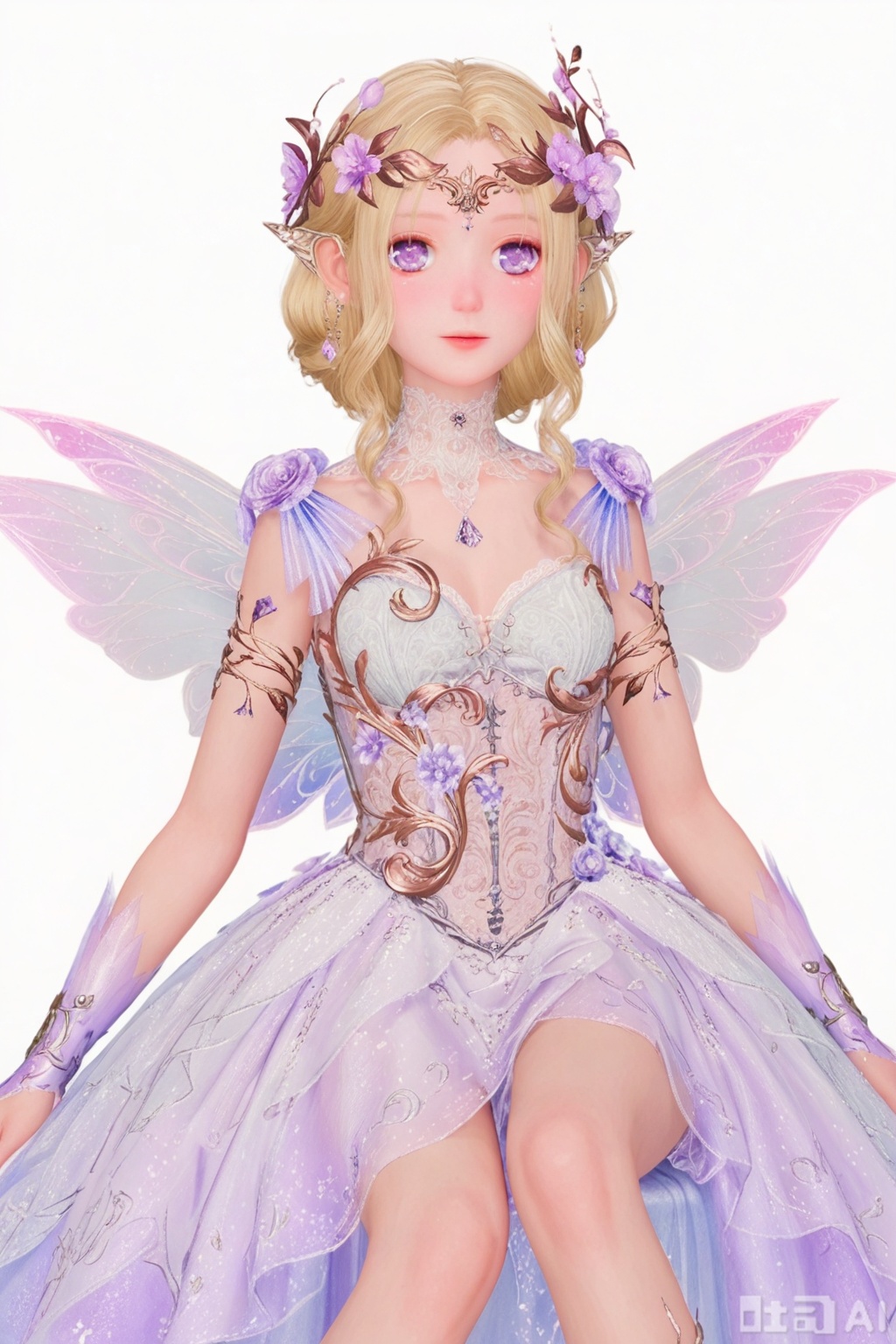 1girl, solo, looking at viewer, blonde hair, simple background, hair ornament, white background, dress, purple eyes, upper body, flower, wings, pointy ears, hair flower, white dress, purple flower, fairy wings, fairy, butterfly wings,sitting,legs,feet,
