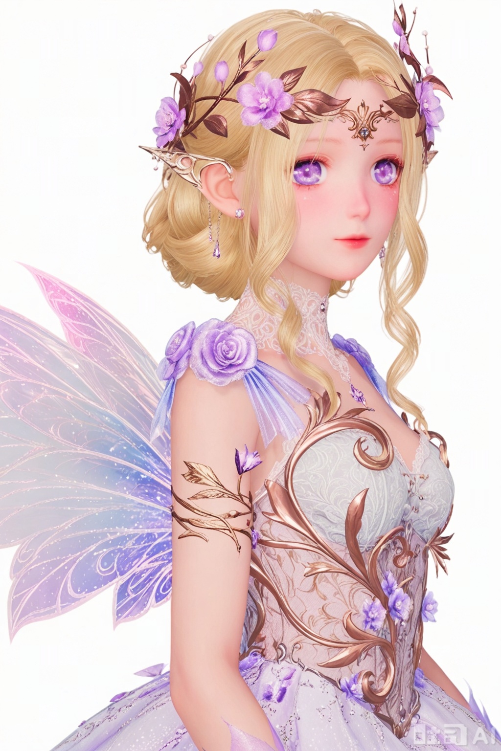 1girl, solo, looking at viewer, blonde hair, simple background, hair ornament, white background, dress, purple eyes, upper body, flower, wings, pointy ears, hair flower, white dress, purple flower, fairy wings, fairy, butterfly wings
