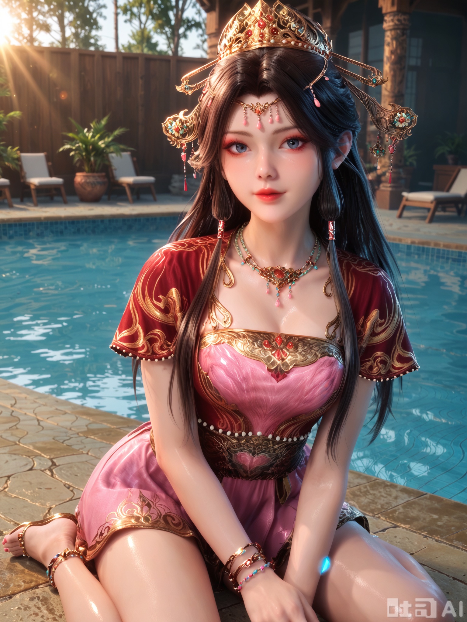 score_9,score_8_up,score_7_up,realistic,photorealistic rendering,1girl,looking_at_viewer,Vivid Colors,god rays,golden hour backlighting,insanely intricate details,light,bright environment,pool,peach blossom,delicate water,hair_ornament,glowing,shiny,shiny skin,shiny hair,reflection,dress,extreme detail description,dynamic posture,(upper body:0.3),put one hand on your chest,long_hair,(skindentation:1.3),bright,sunshine on face,(pale_skin:1.3),sitting_down,black-hair,lens flare,anklet,pink nails,gem,metal texture,