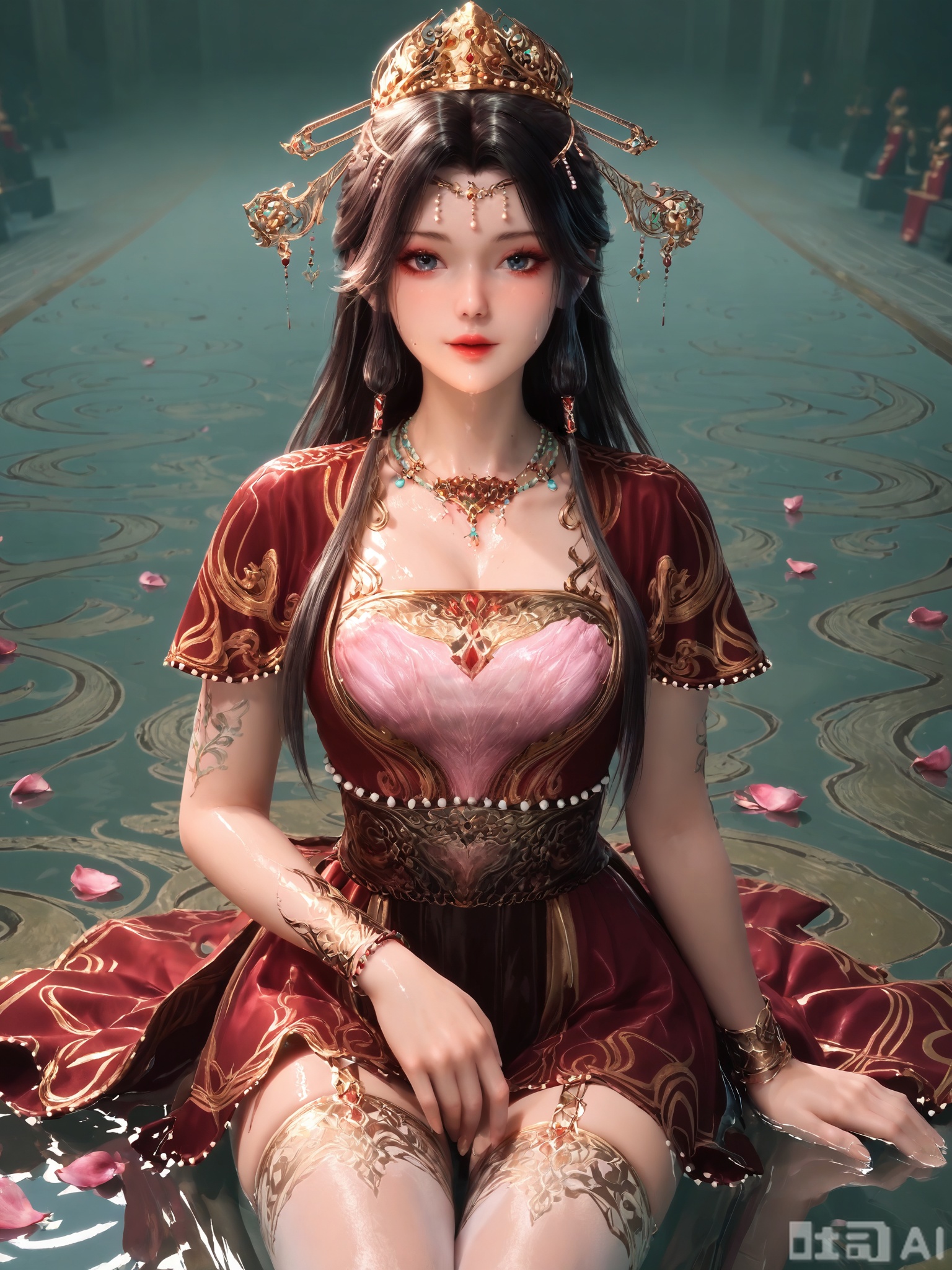 score_9,score_8_up,score_7_up,source_cartoon,source_anime,1girl,looking_at_viewer,realistic,Vivid Colors,bright environment,delicate water,hair_ornament,shiny skin,shiny hair,reflection,dress,falling petals,extreme detail description,(upper body:0.3),put one hand on your chest,long_hair,(skindentation:1.3),bright,sunshine on face,light,sweating,light,glowing,sunshine,bright,reflection,(pale_skin:1.3),white pantyhose,clear background,super high detail background,sitting_down,black-hair,